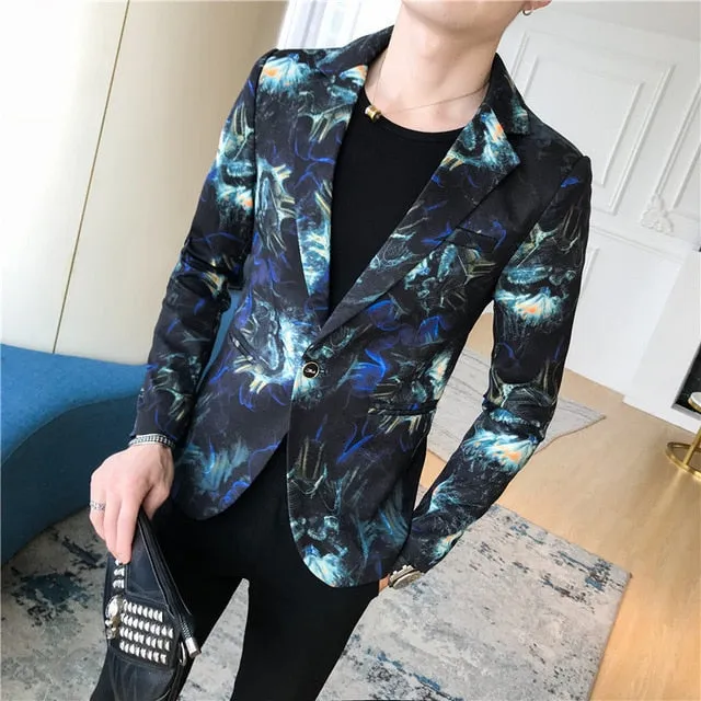 Abstract Printed Slim Fit One Button Blazer