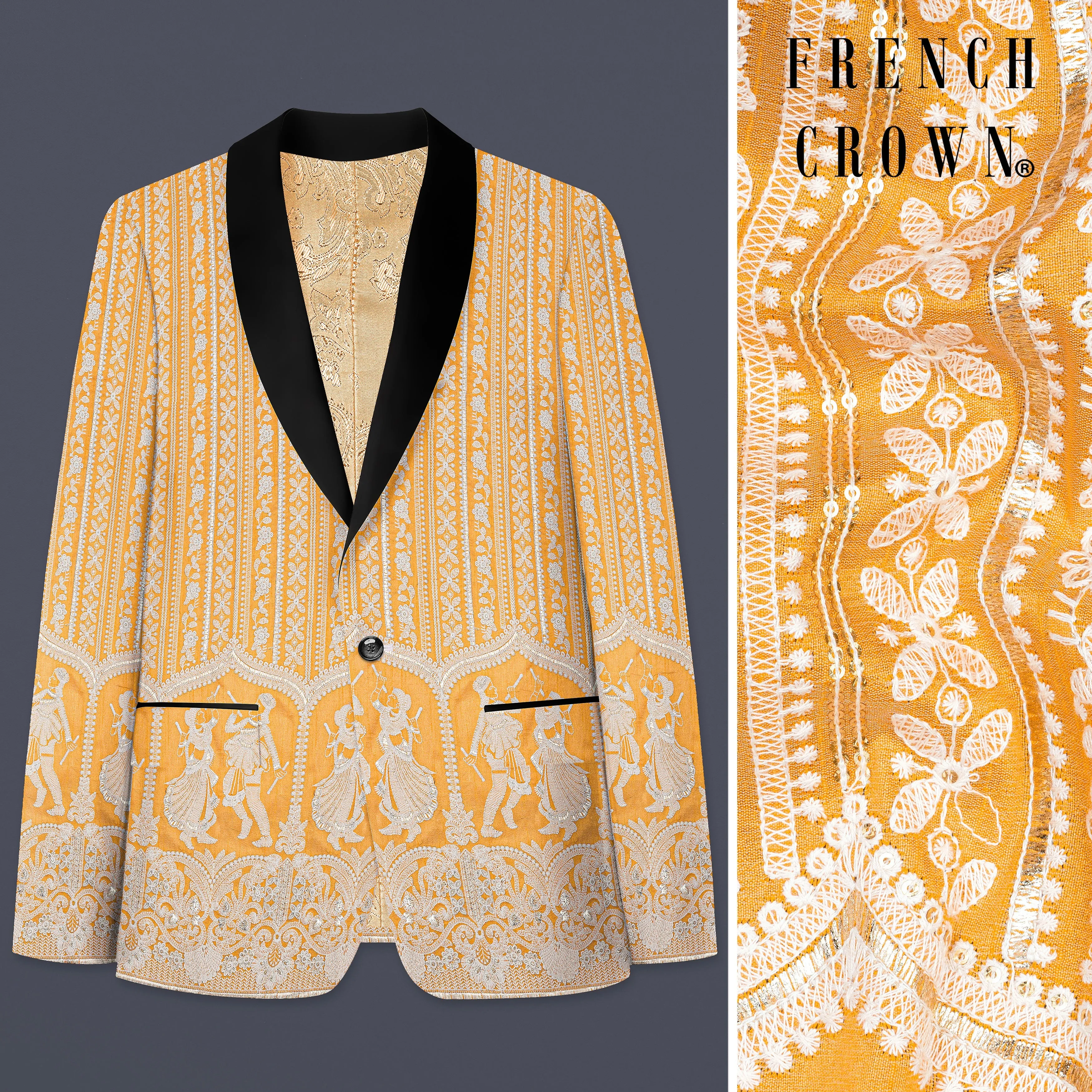 Apricot orange Sequins Embroidered Tuxedo Blazer