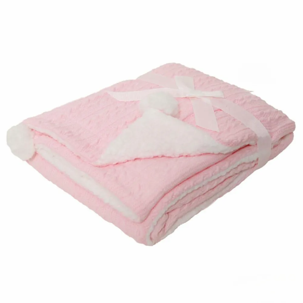 Baby Pink Knitted Pom Sherpa Blanket