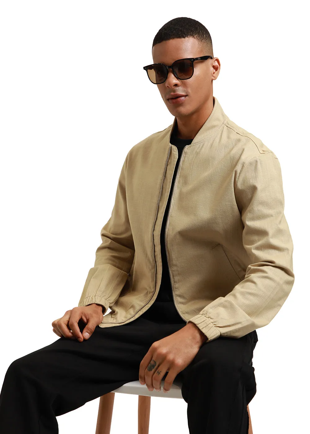 Beige Bomber Linen Jacket