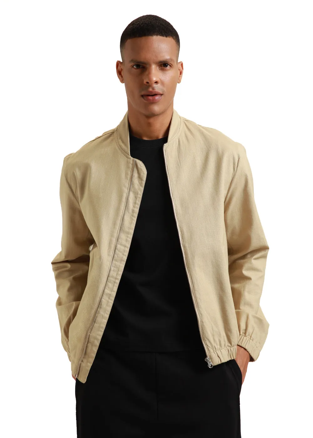 Beige Bomber Linen Jacket