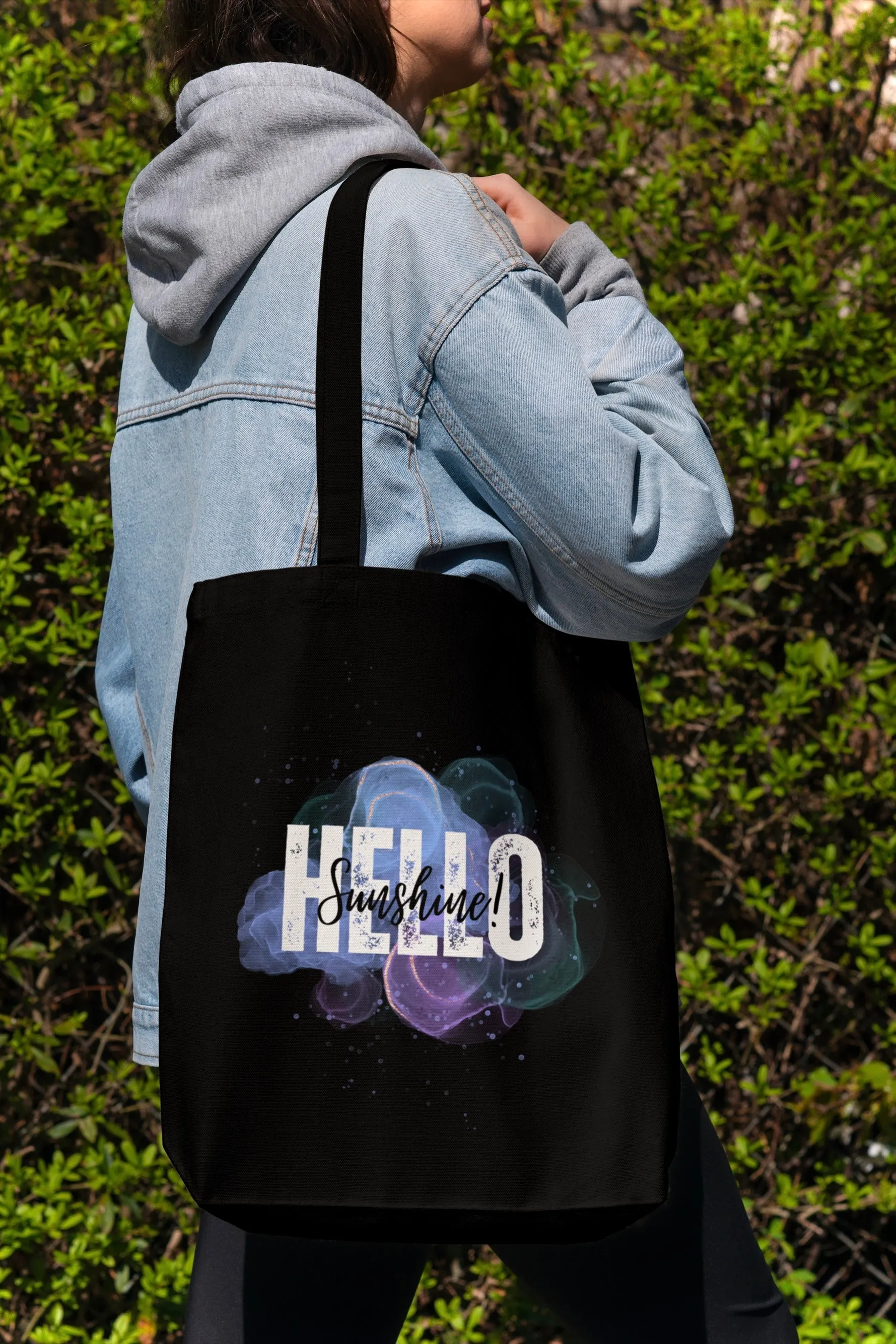 Black Tote Bag with Zipper ( Hello Sunshine )