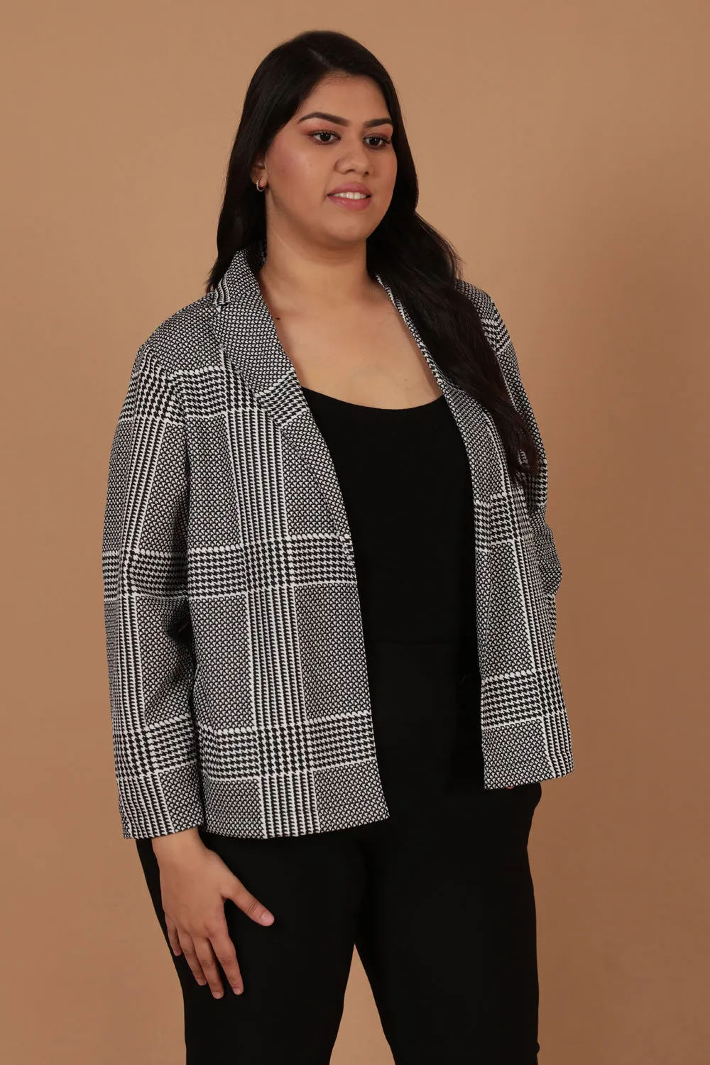 Black White Houndstooth Checkered Blazer