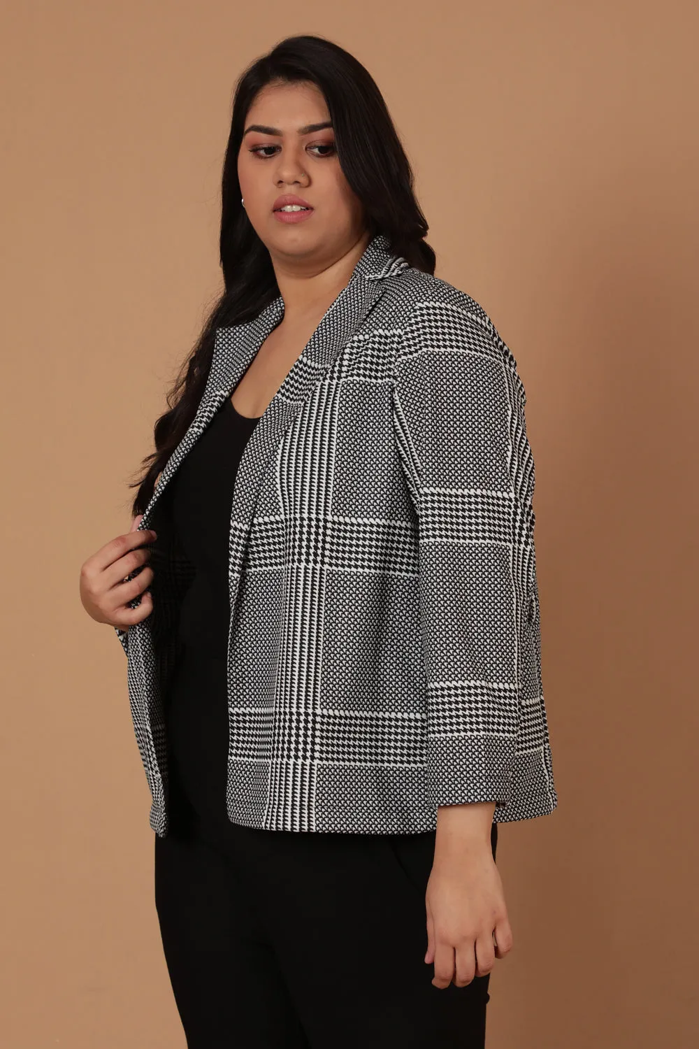 Black White Houndstooth Checkered Blazer