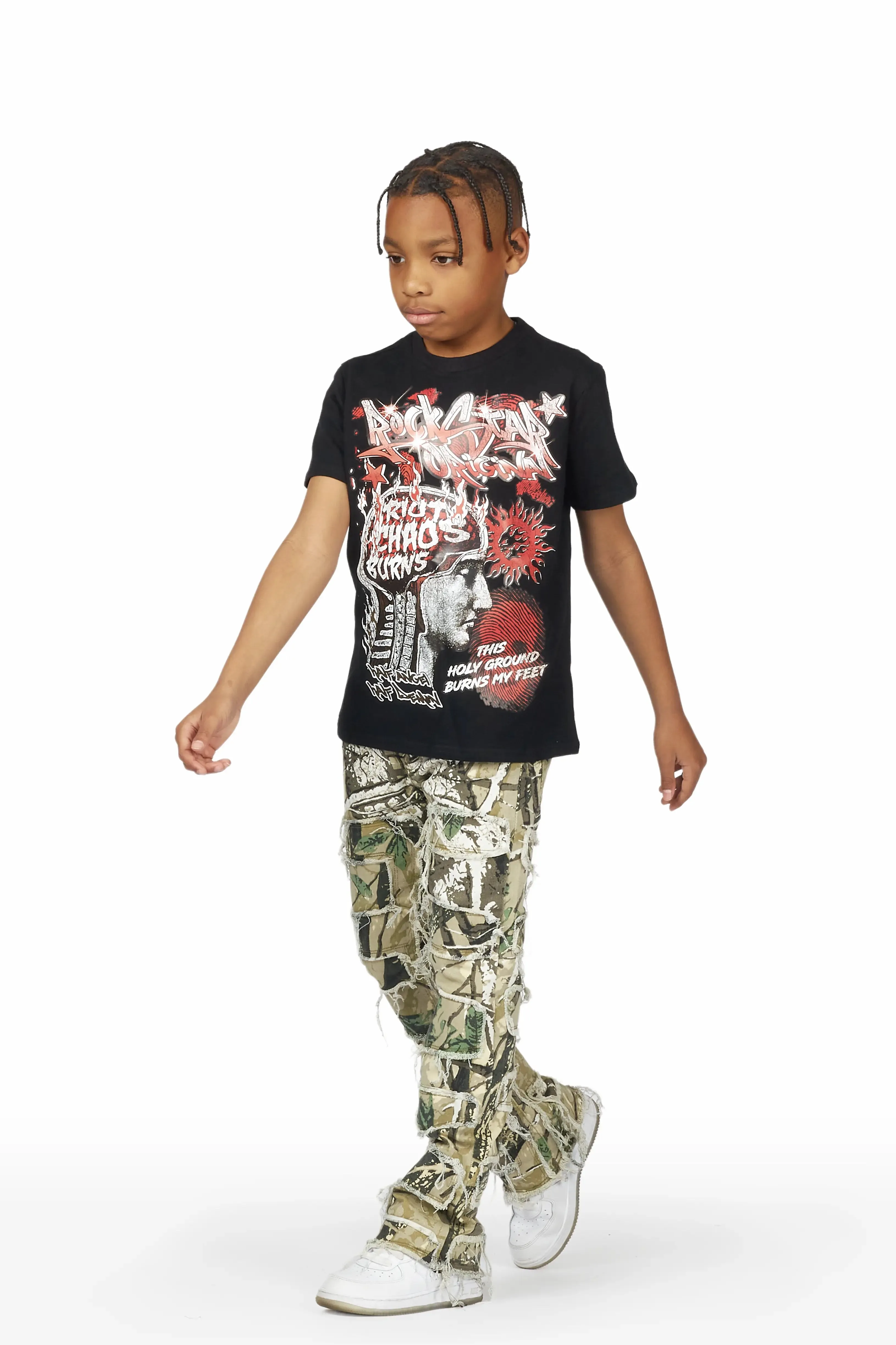 Boys Nalo Black/Camo T-Shirt/Stacked Flare Jean