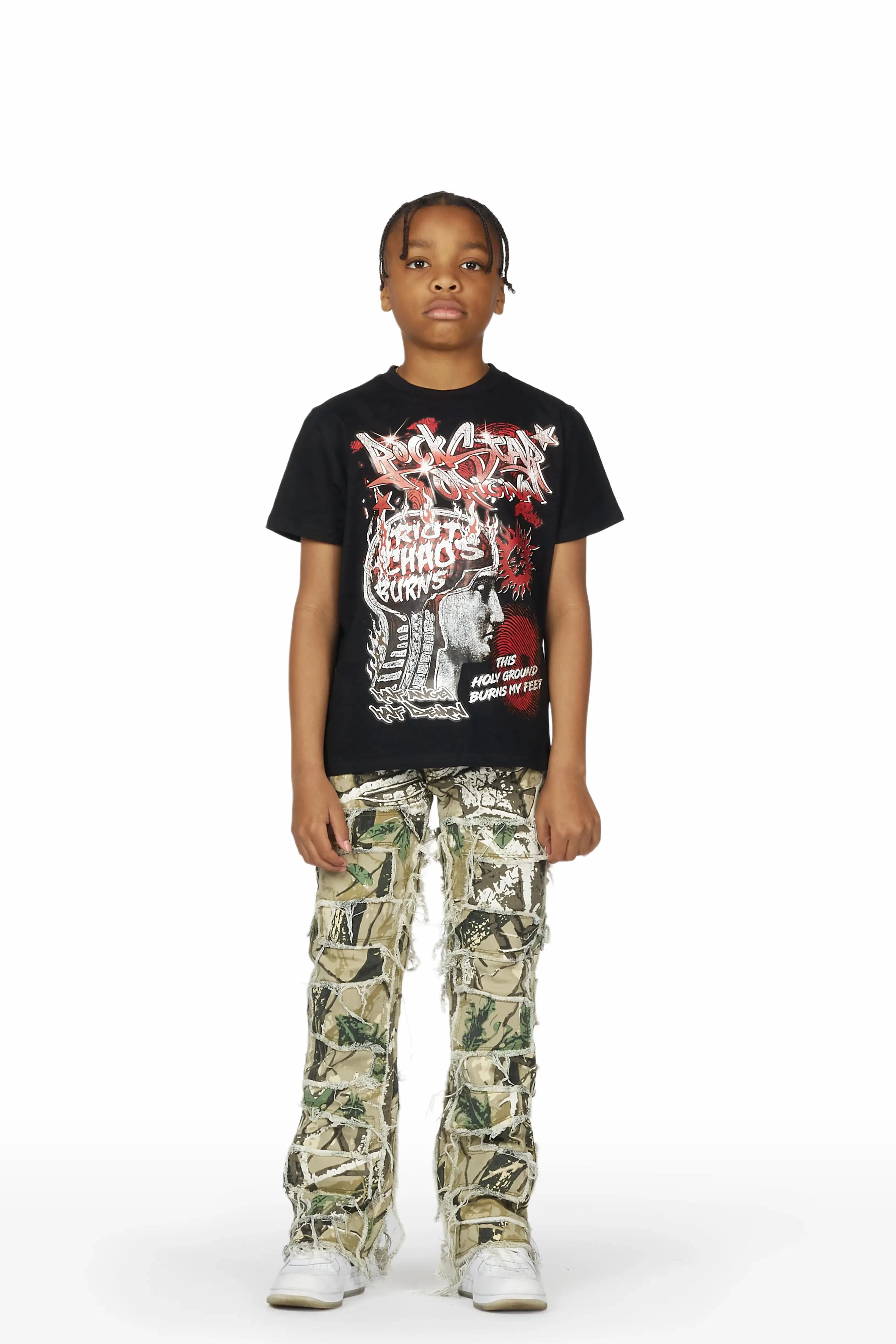 Boys Nalo Black/Camo T-Shirt/Stacked Flare Jean