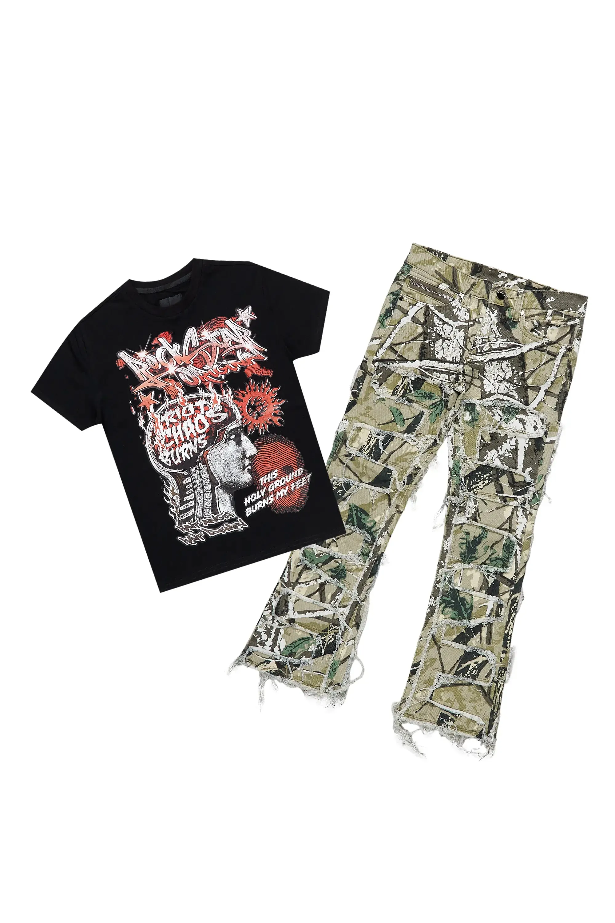 Boys Nalo Black/Camo T-Shirt/Stacked Flare Jean