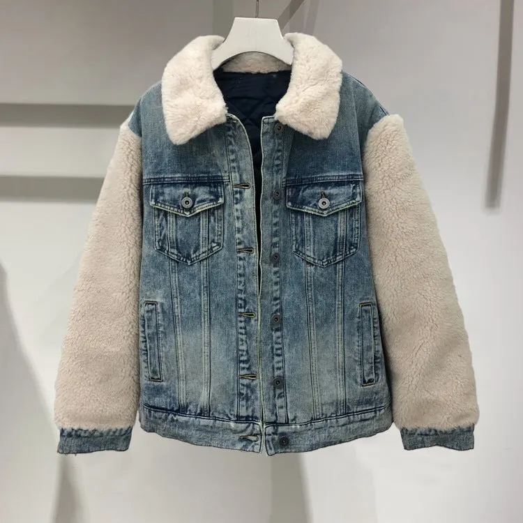 Color Block Patchwork Faux Fur Borg Sherpa Denim Jacket with Fur Collar