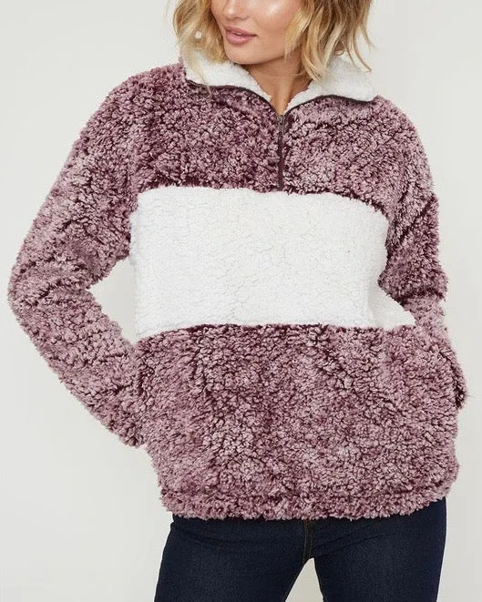 Colorblock Two Tone Sherpa Half-Zip Pullover - Burgundy