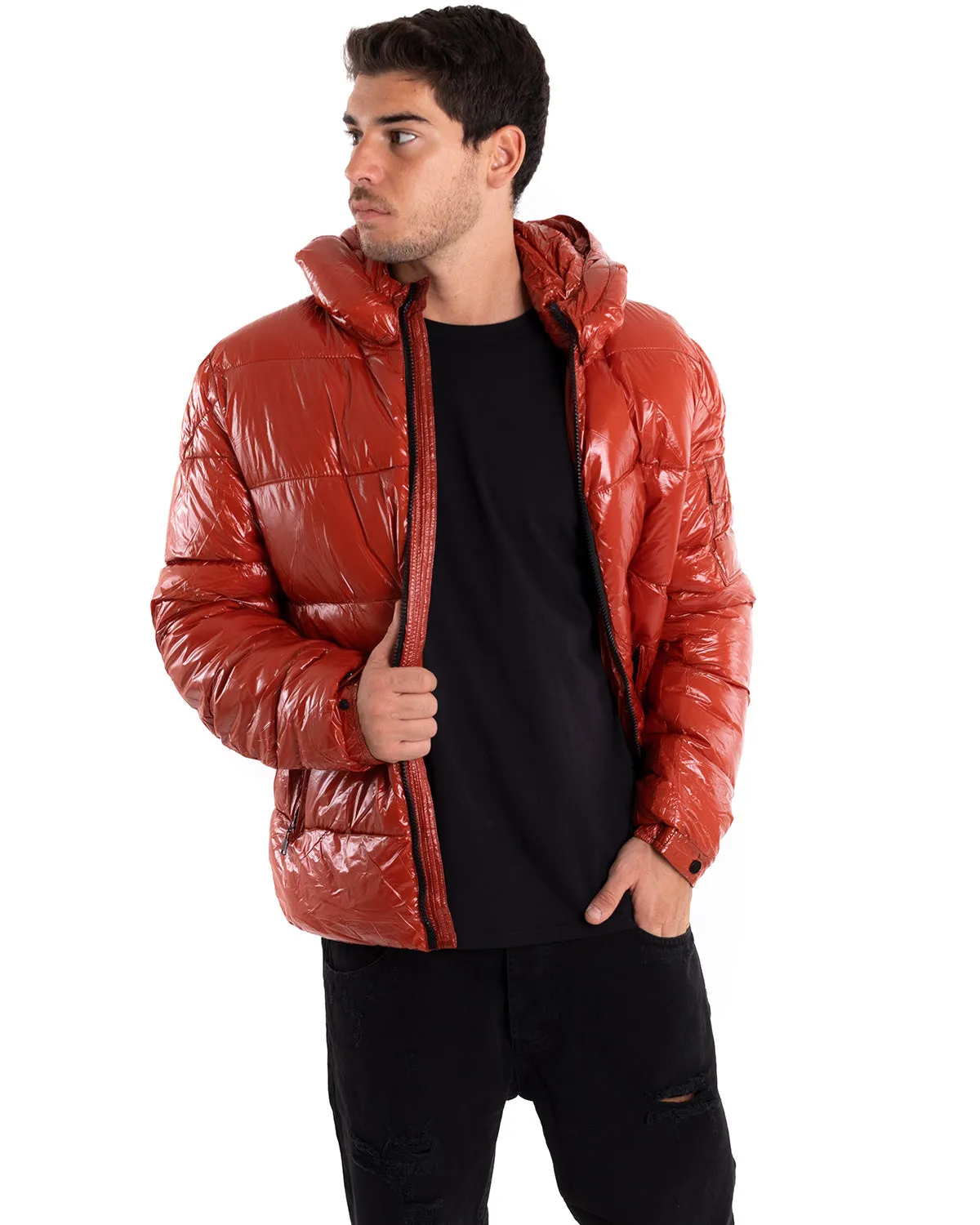 Giubbotto Uomo Bomber Lucido Vernice Oversize Taschino Puffer Rosso GIOSAL-G2907A