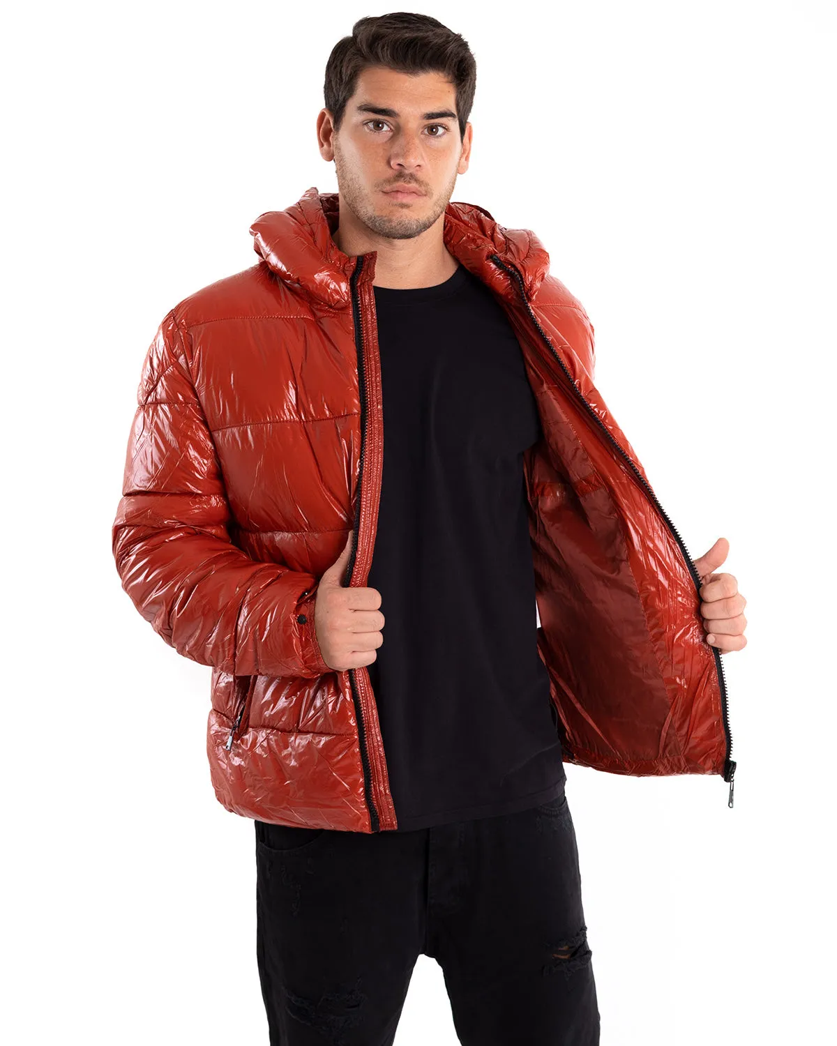 Giubbotto Uomo Bomber Lucido Vernice Oversize Taschino Puffer Rosso GIOSAL-G2907A