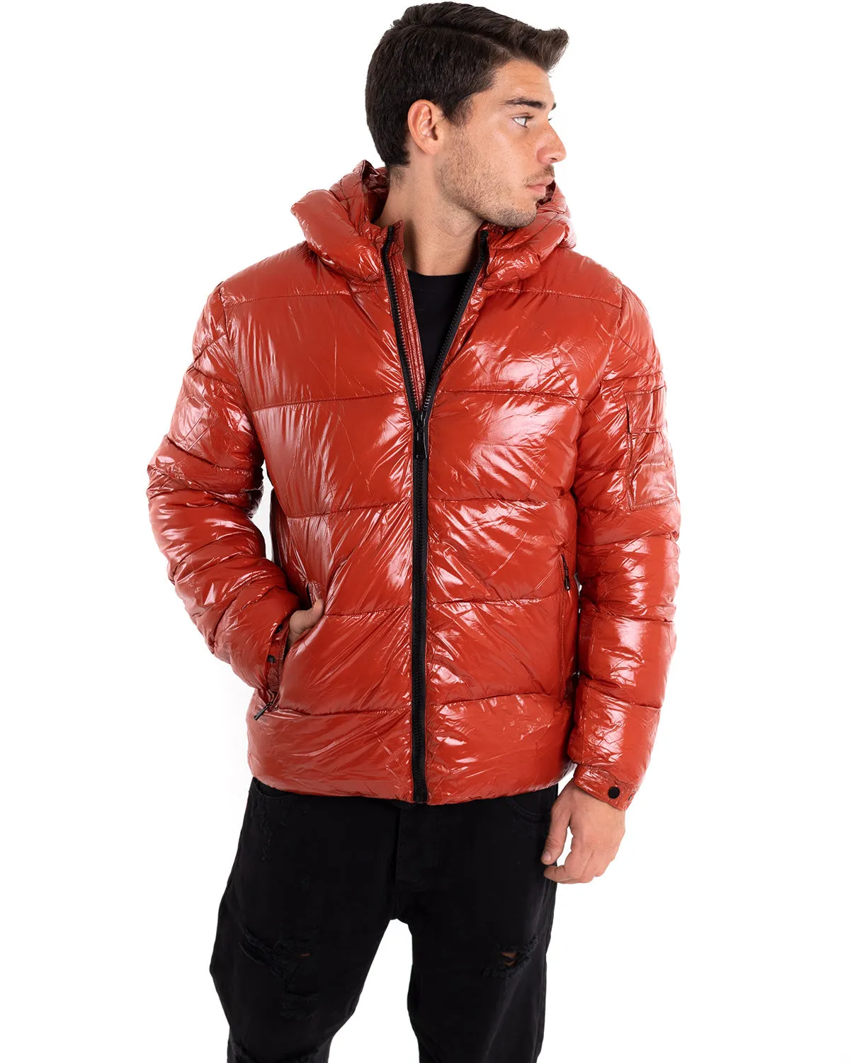 Giubbotto Uomo Bomber Lucido Vernice Oversize Taschino Puffer Rosso GIOSAL-G2907A