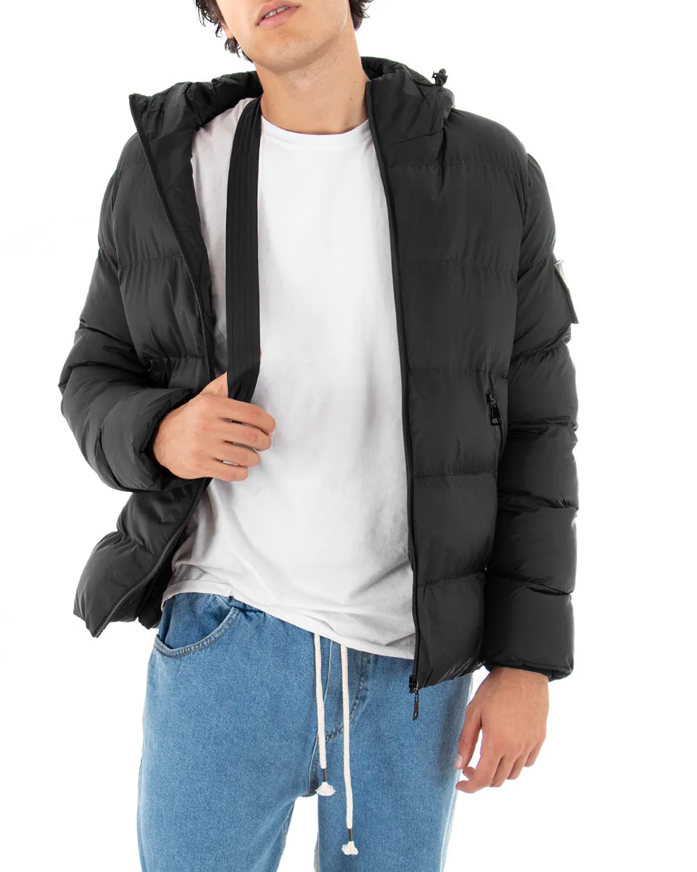 Giubbotto Uomo Bomber Tinta Unita Nero Puffer Cappuccio Casual GIOSAL-G2784A