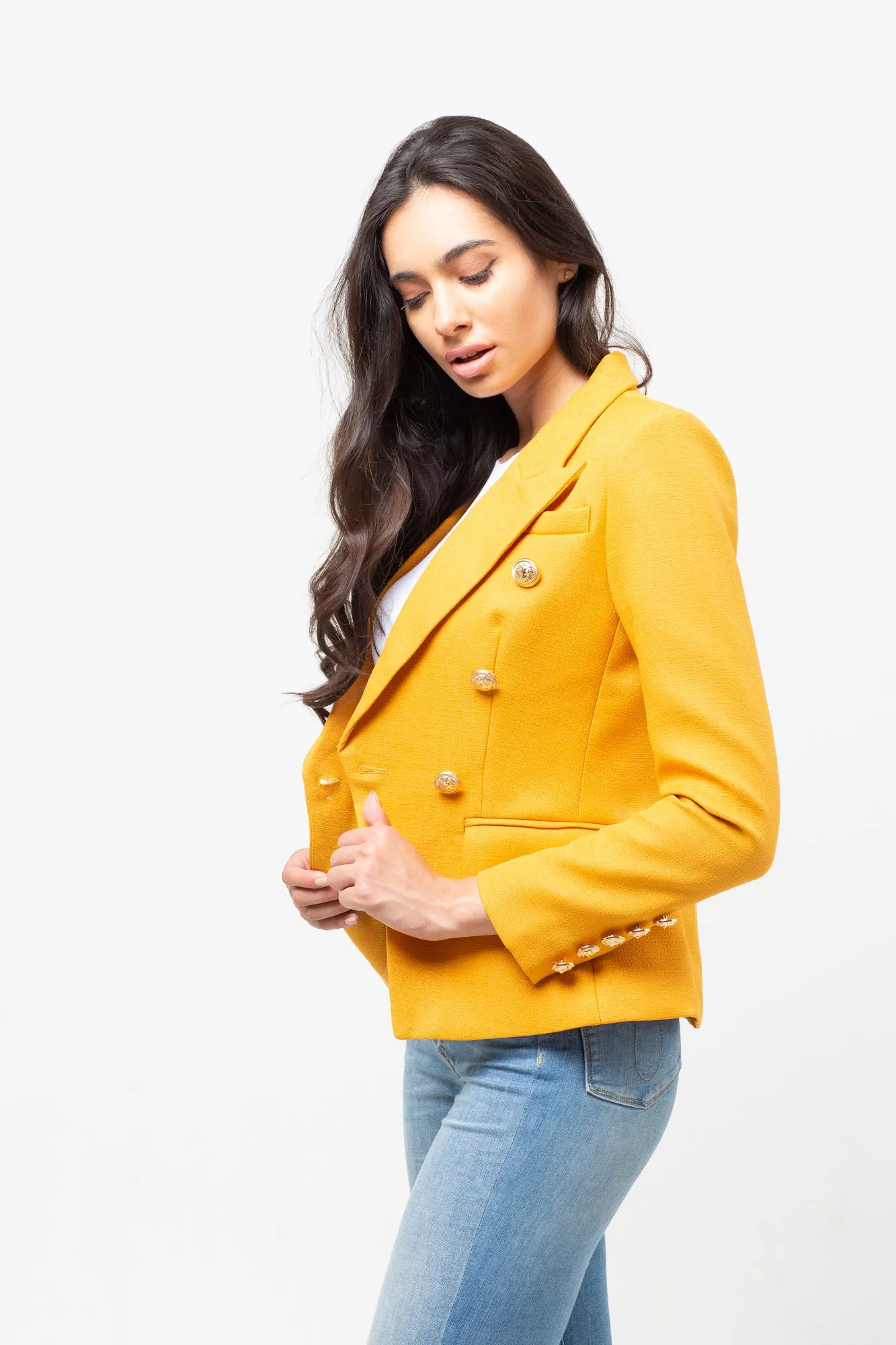 GOLD BUTTON TEXTURED BLAZER MUSTARD ORANGE