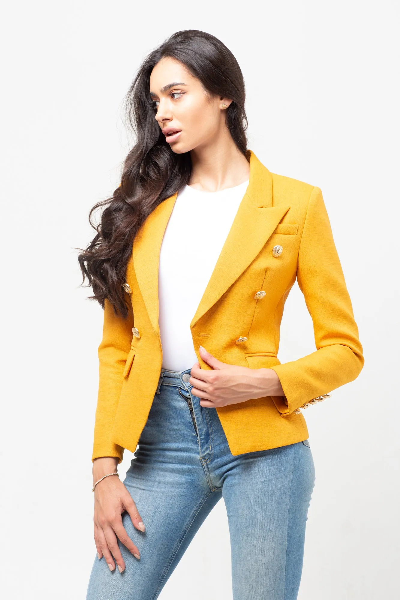 GOLD BUTTON TEXTURED BLAZER MUSTARD ORANGE