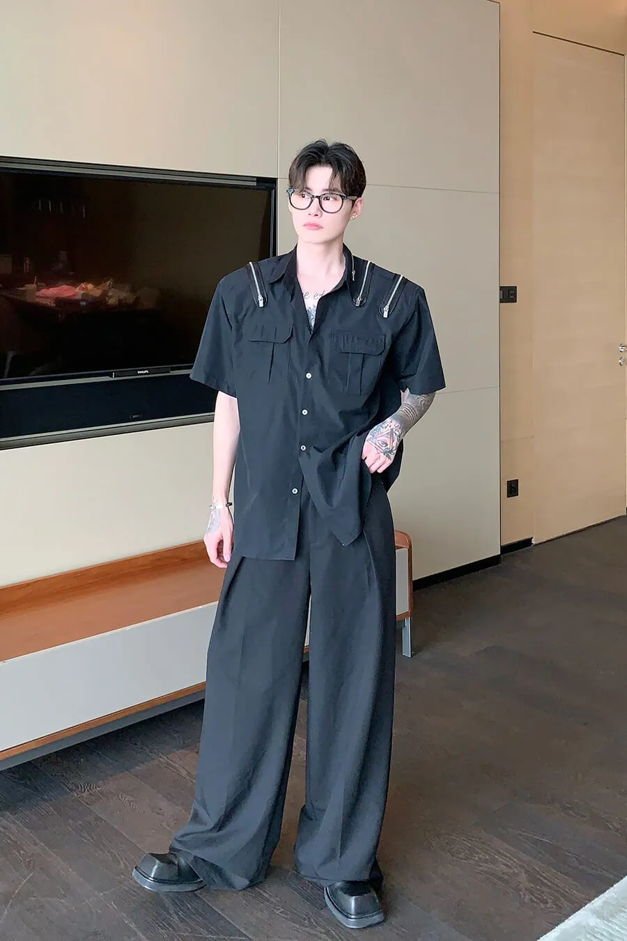 Korean All Over Zipper Oversized Shirt With Pockets