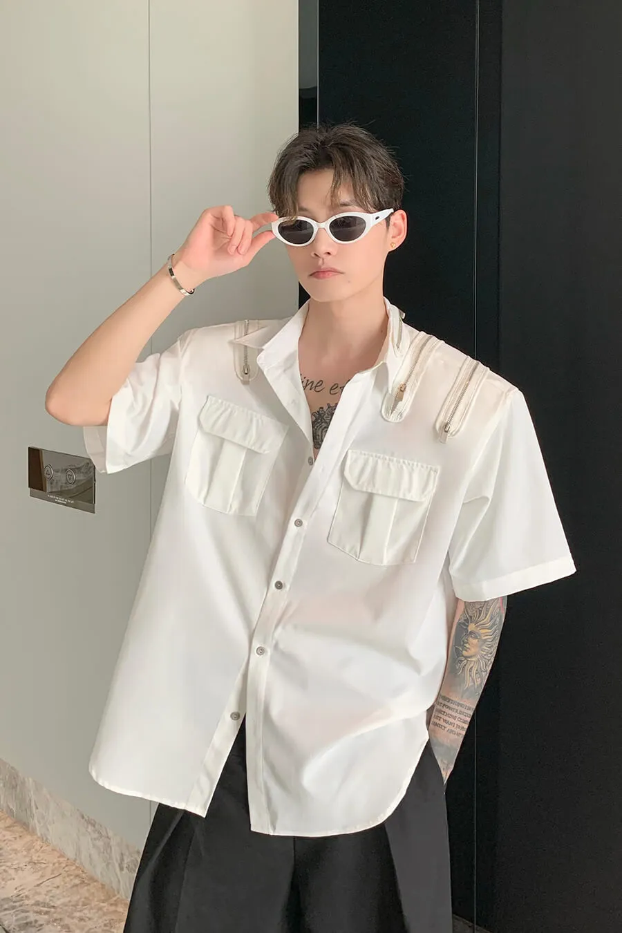 Korean All Over Zipper Oversized Shirt With Pockets