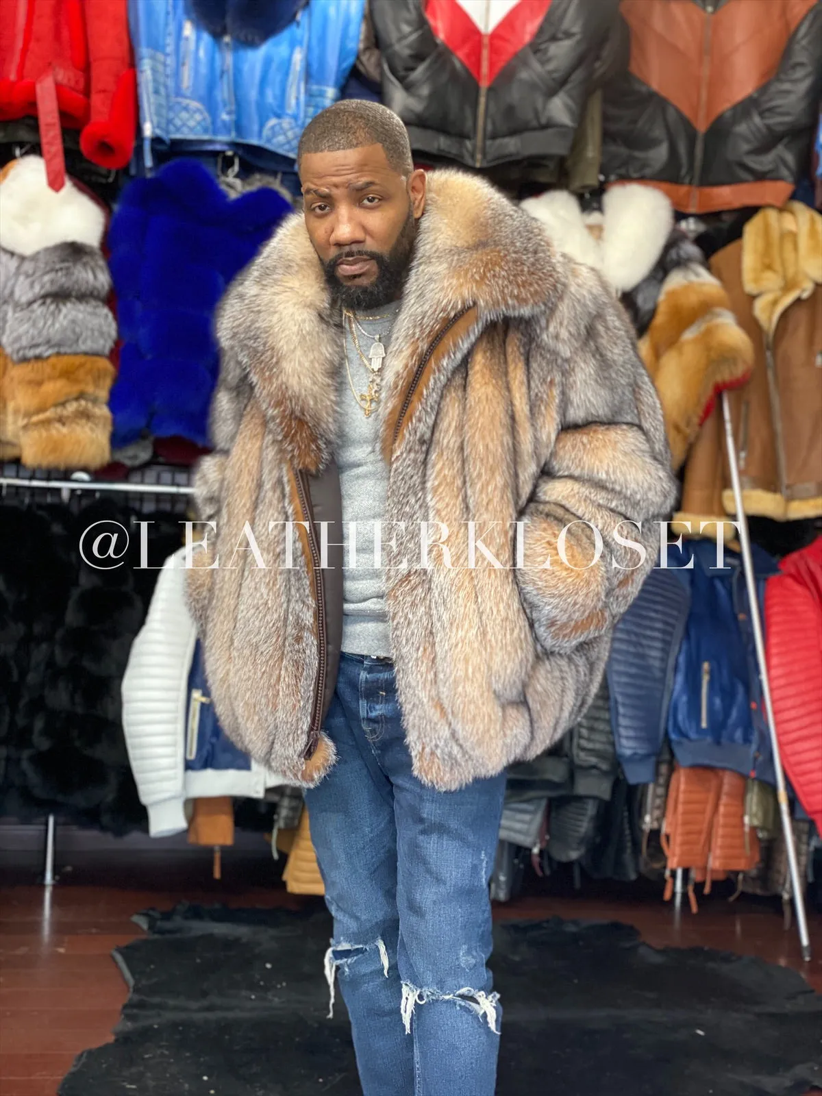 Men's Crystal Fox Fur Bomber Jacket