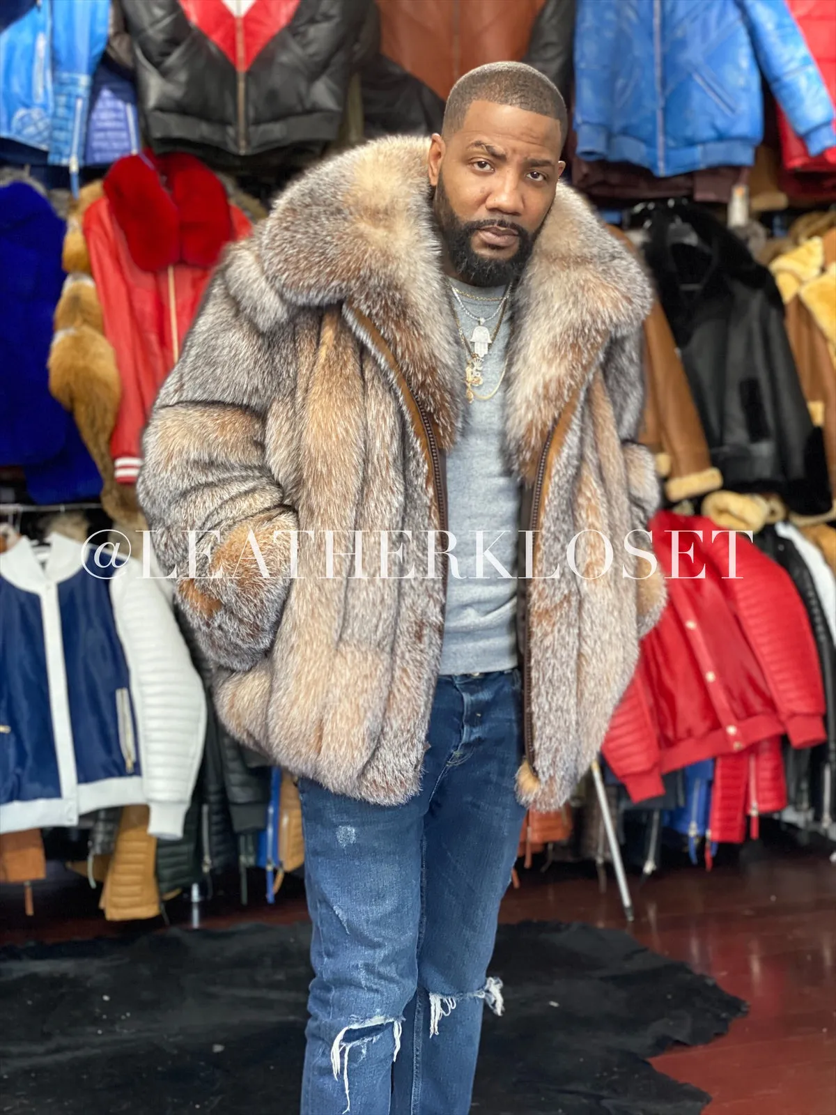 Men's Crystal Fox Fur Bomber Jacket