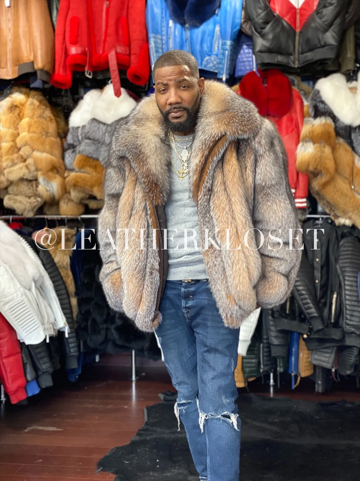 Men's Crystal Fox Fur Bomber Jacket