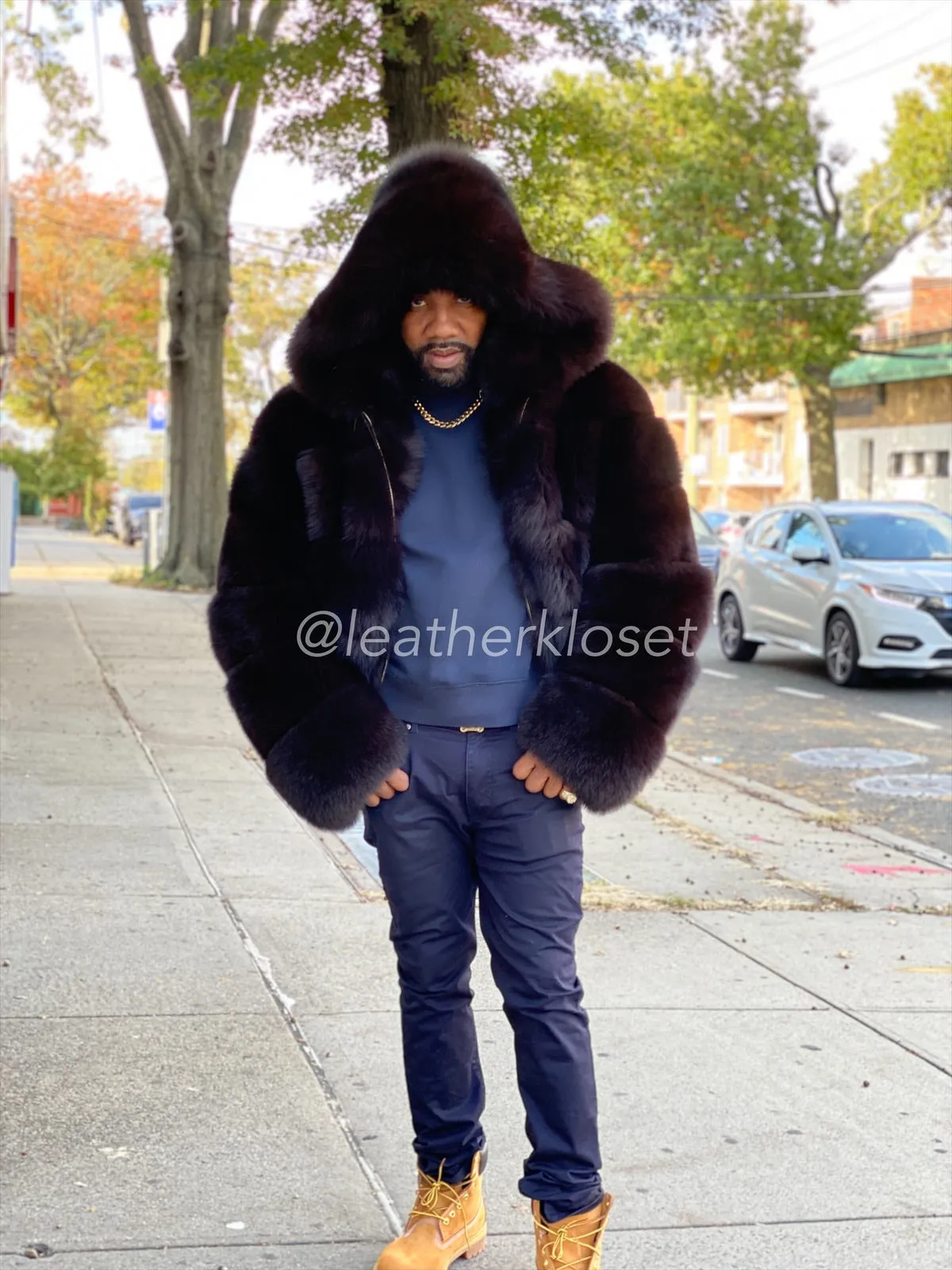 Mens Fox Bomber Fur With Hood