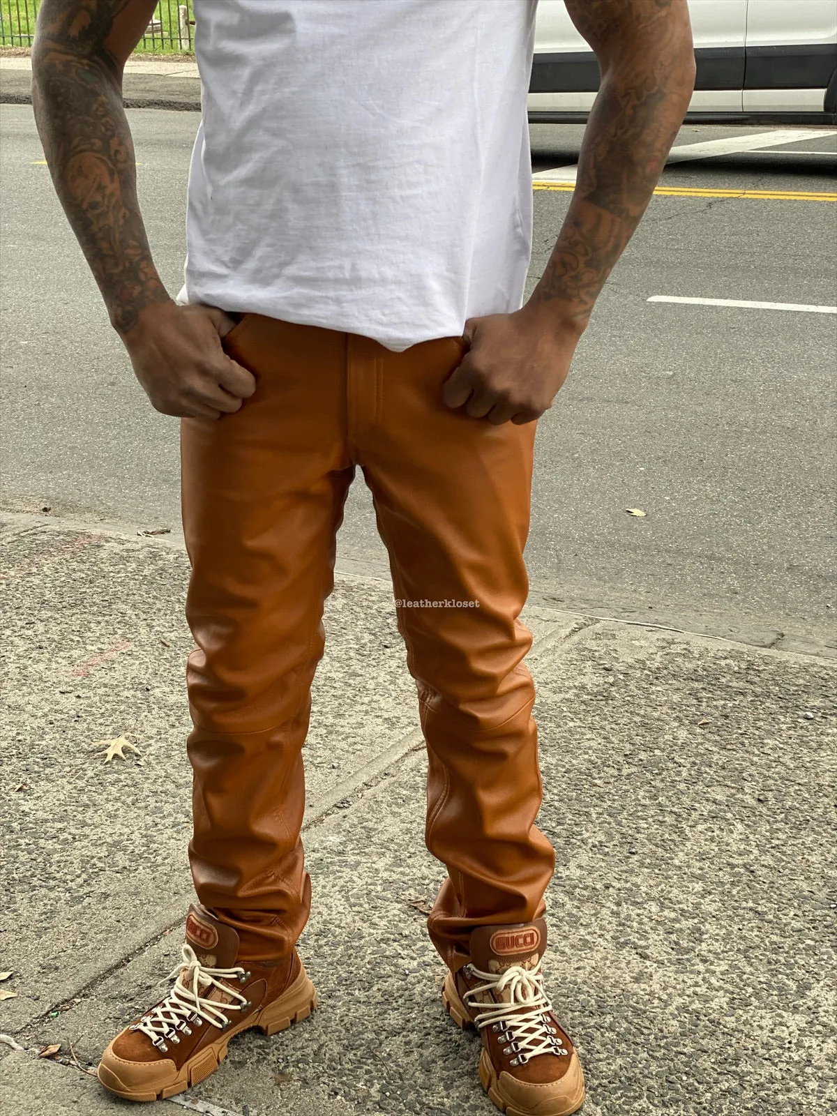 Men's Leather Jean Pants [Saddle Brown]