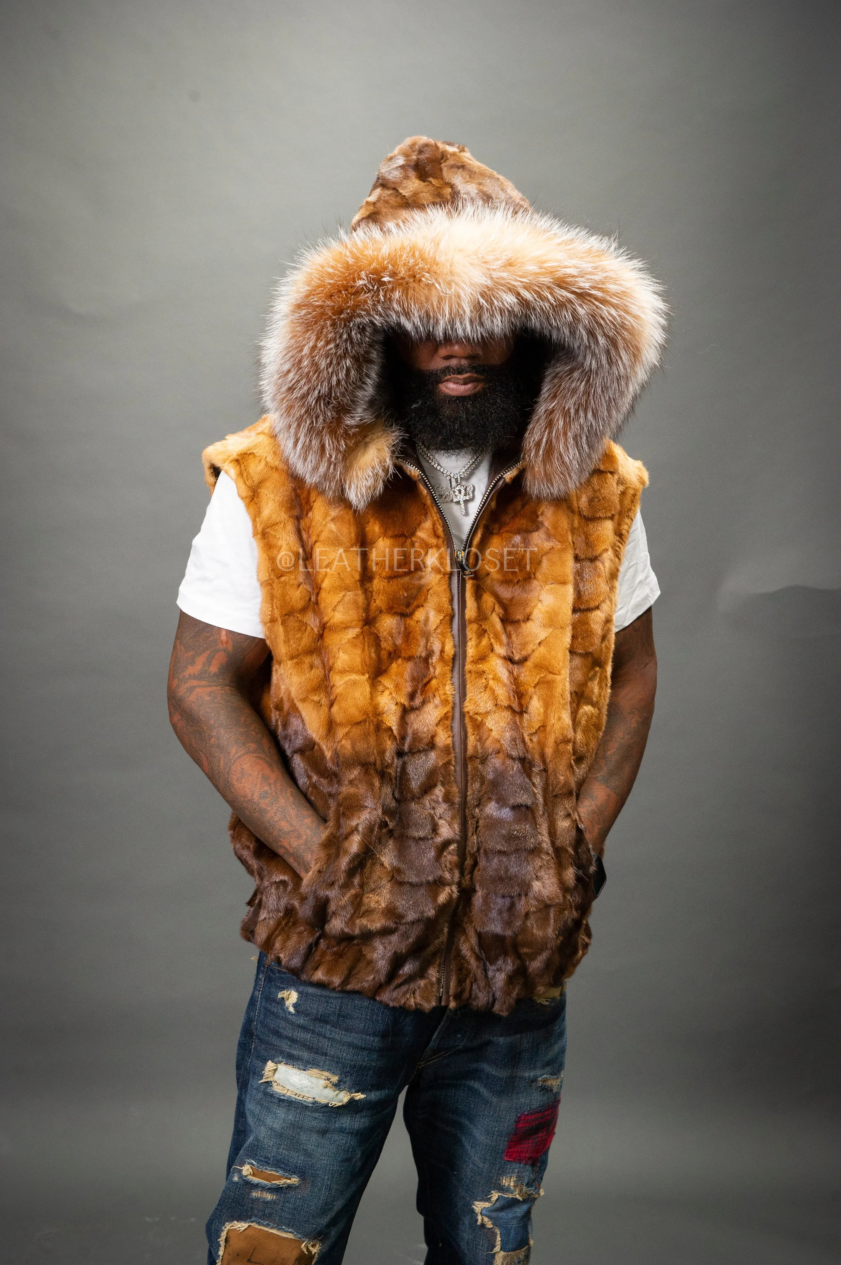 Men's Mink Bomber Vest With Fox Hood [Whiskey Brown]