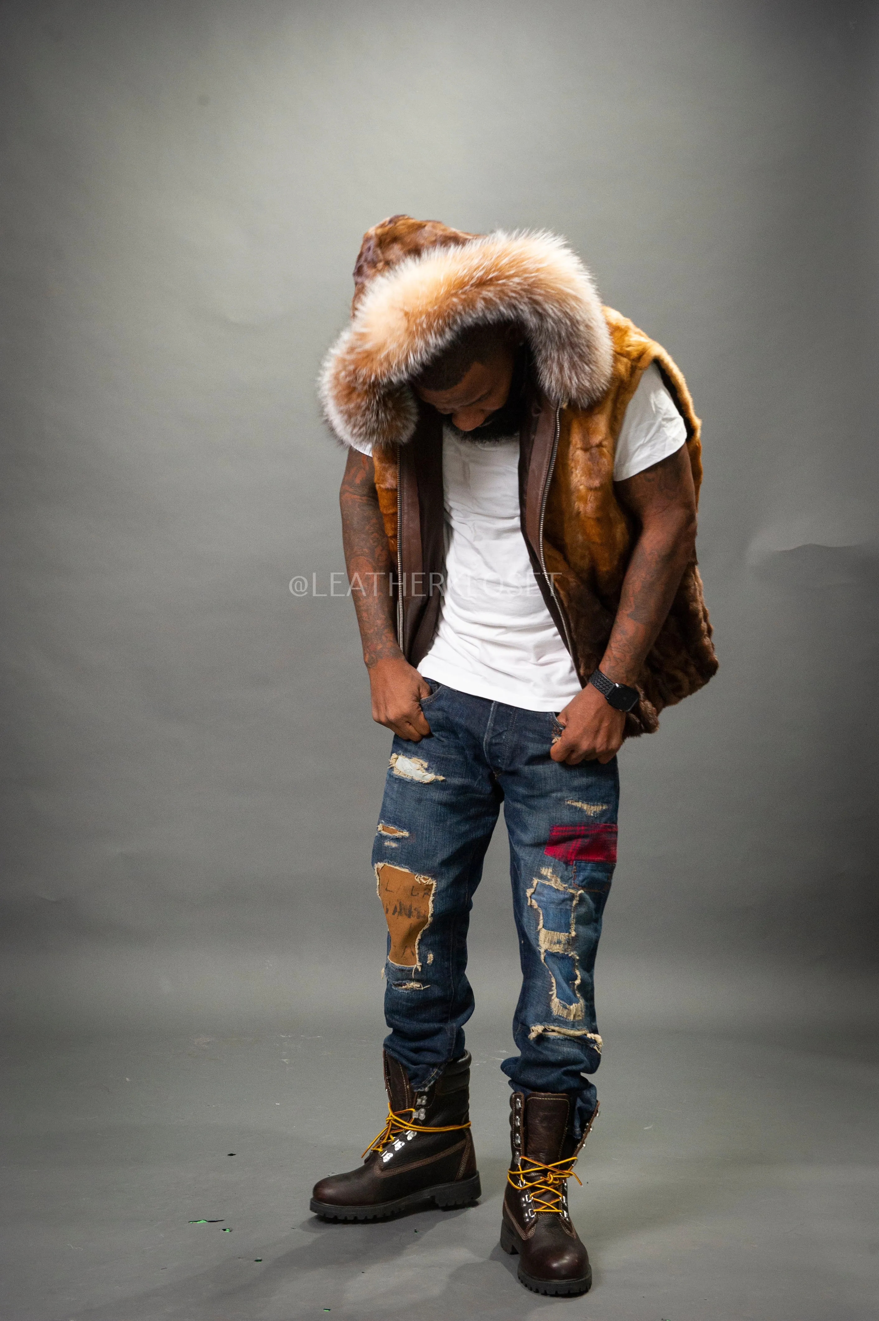 Men's Mink Bomber Vest With Fox Hood [Whiskey Brown]