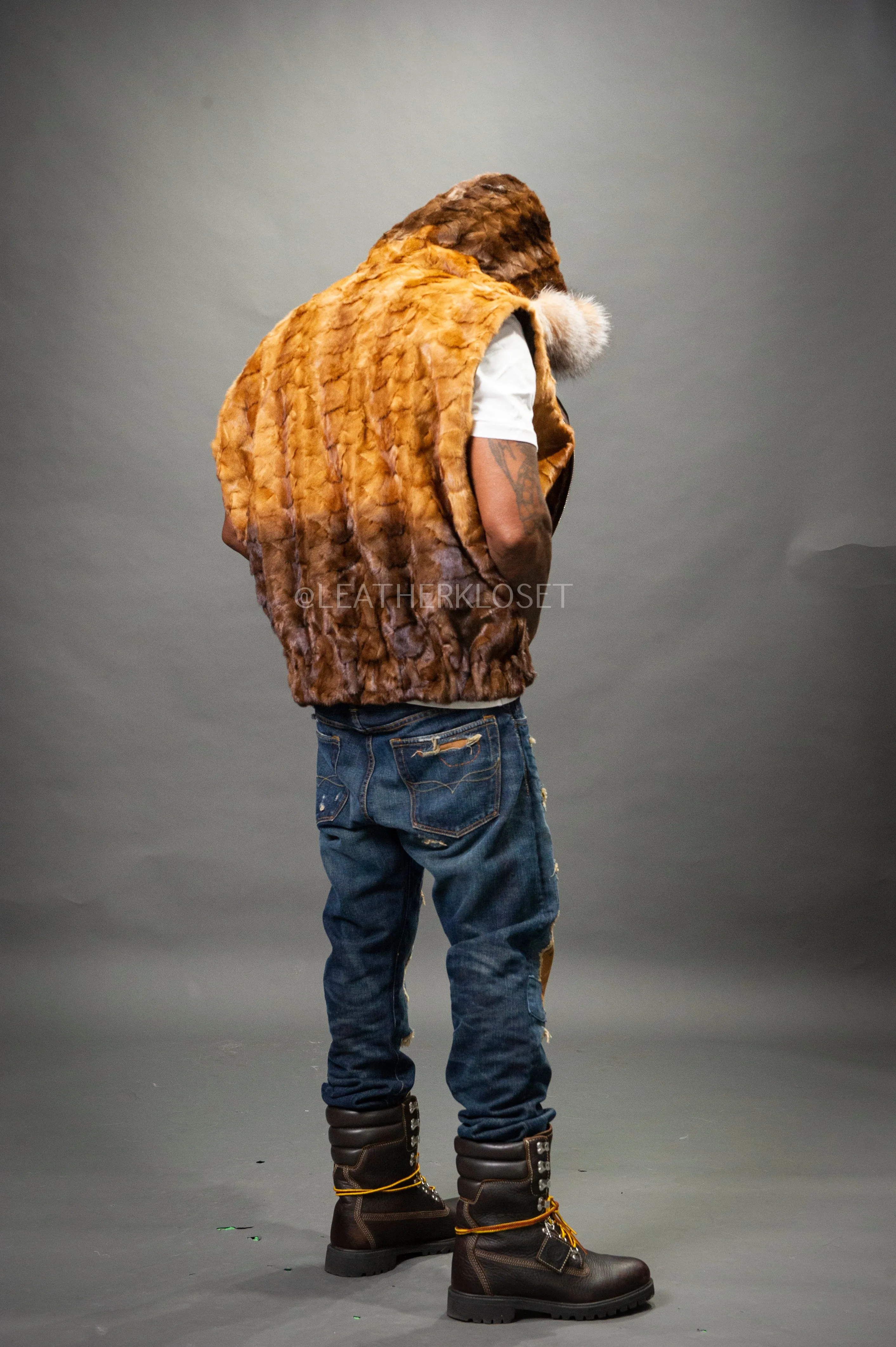 Men's Mink Bomber Vest With Fox Hood [Whiskey Brown]