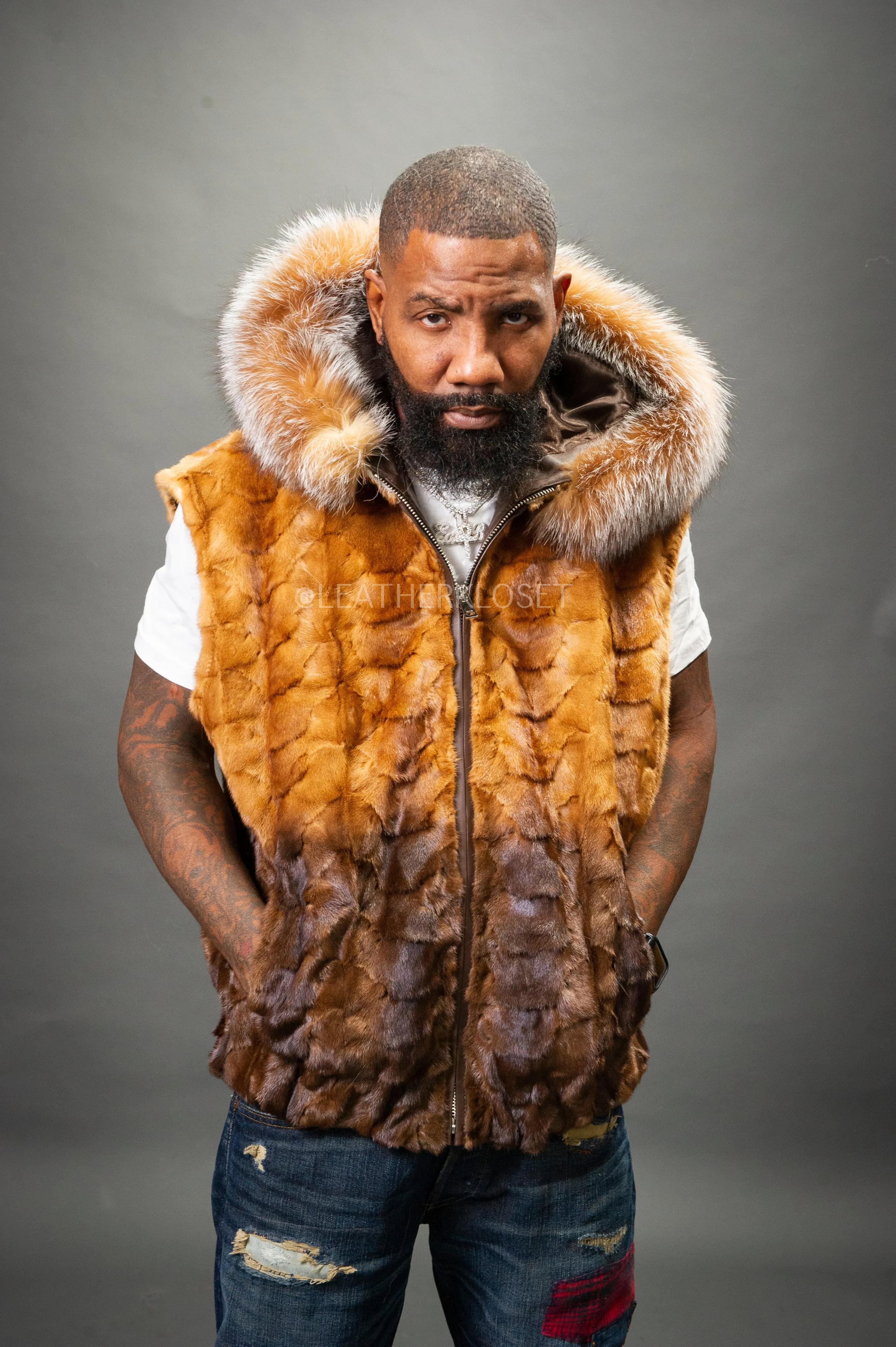 Men's Mink Bomber Vest With Fox Hood [Whiskey Brown]