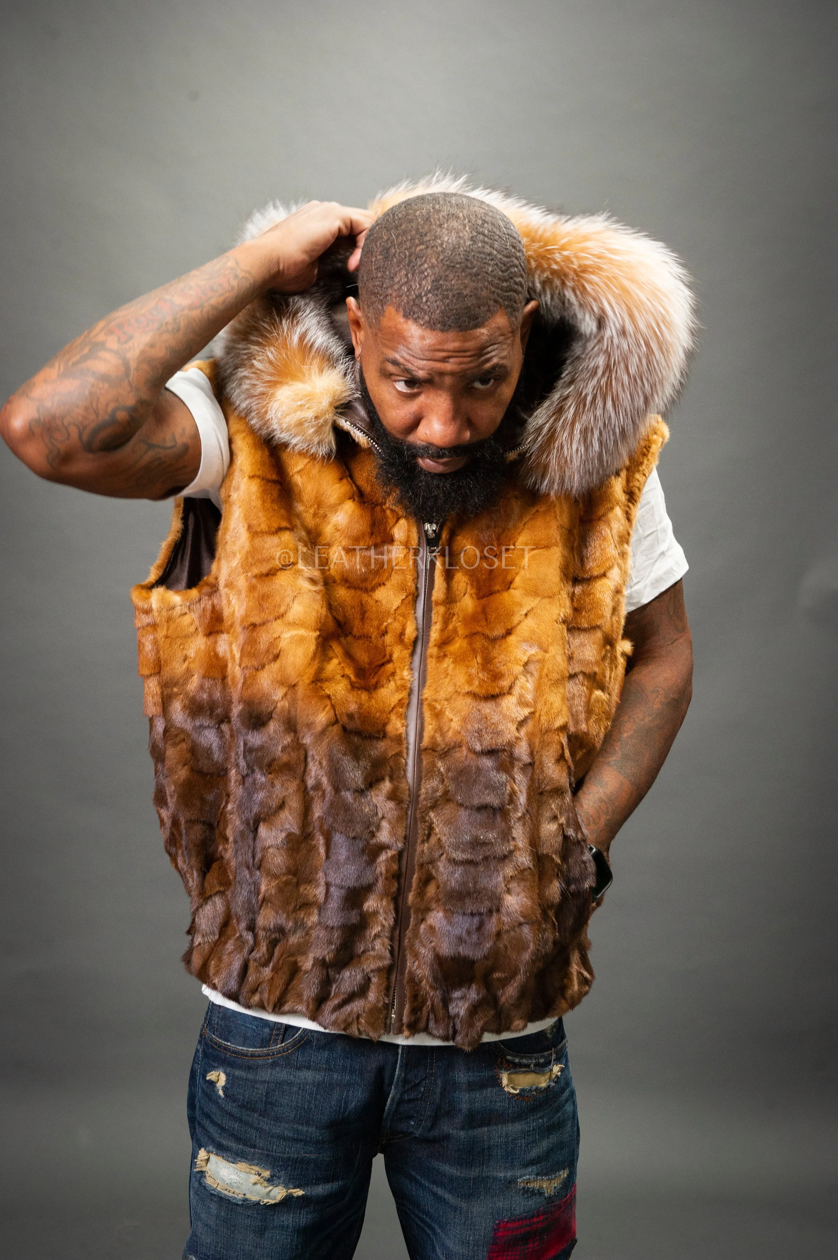 Men's Mink Bomber Vest With Fox Hood [Whiskey Brown]