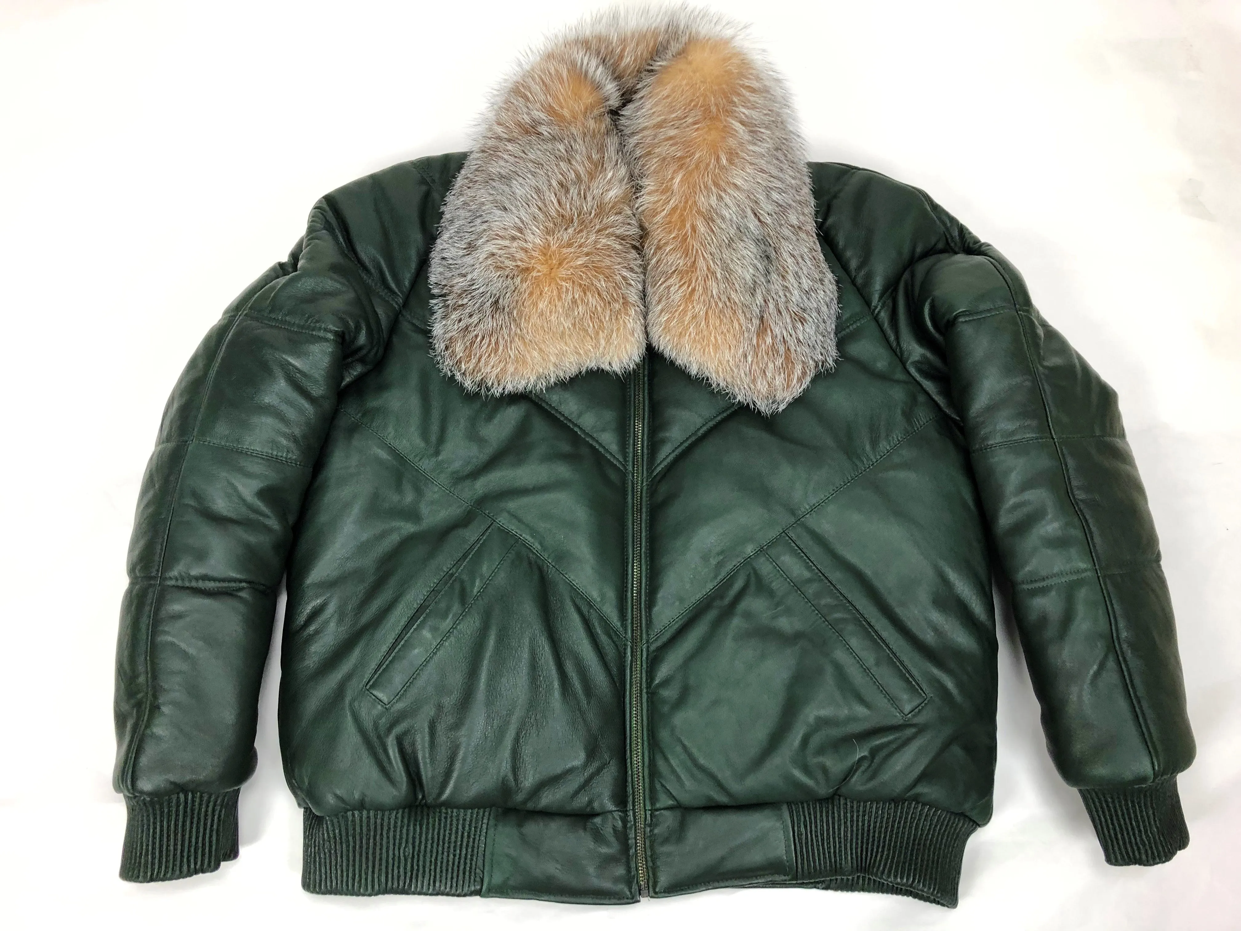 Men's V-Bomber Forest Green Premium Crystal Fox Collar