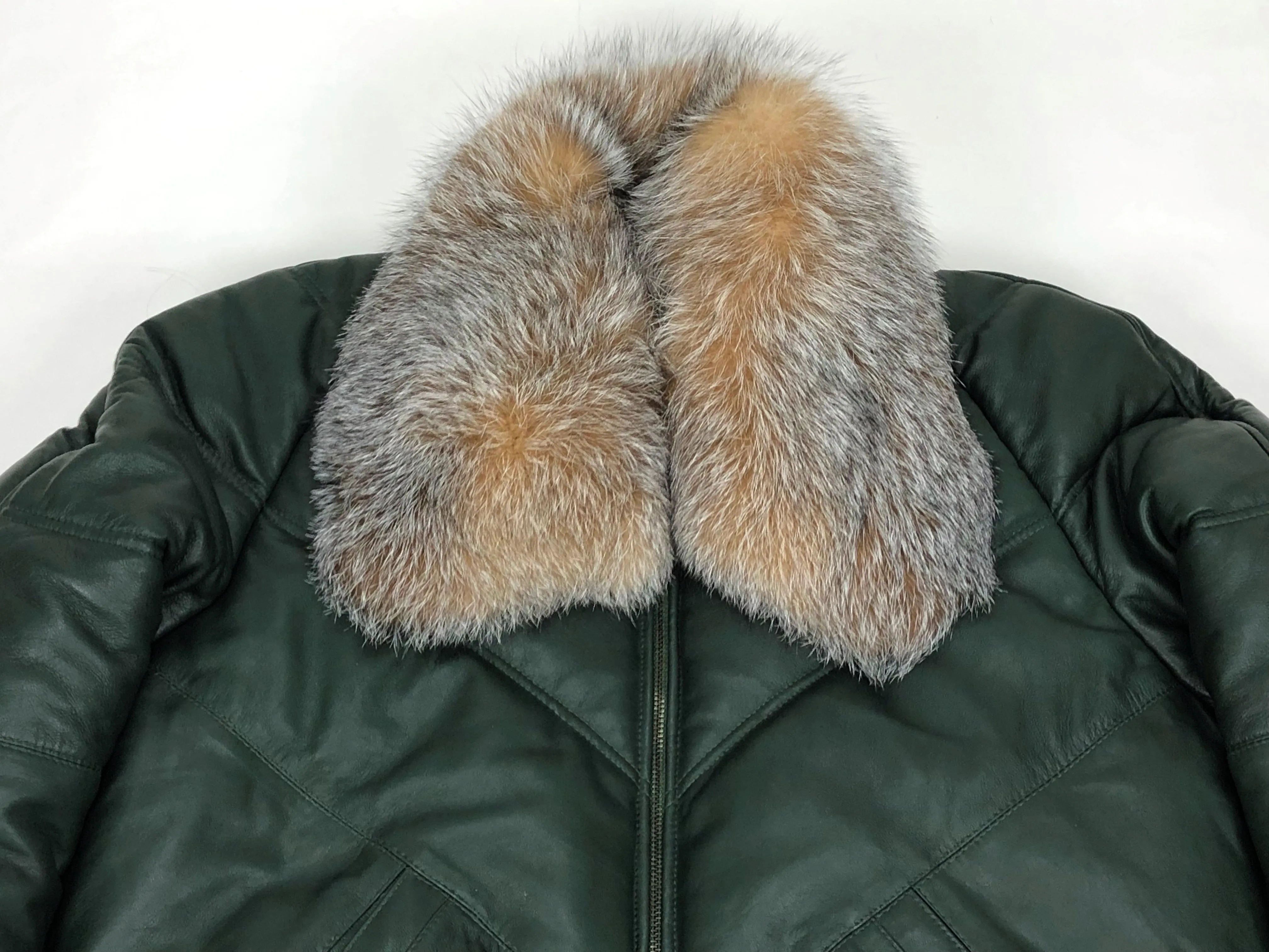 Men's V-Bomber Forest Green Premium Crystal Fox Collar