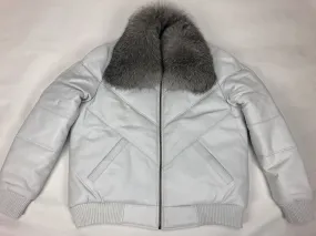 Men's V-Bomber White Premium Silver Fox Collar