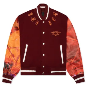 Mix Material Leather Bomber w/ Embroidery - Red/Burgundy