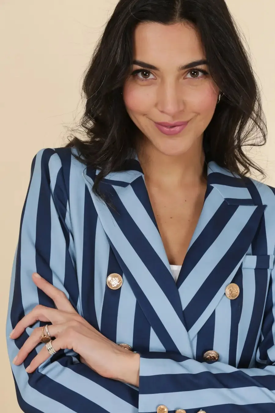 Navy Blues Striped Print Blazer Jacket