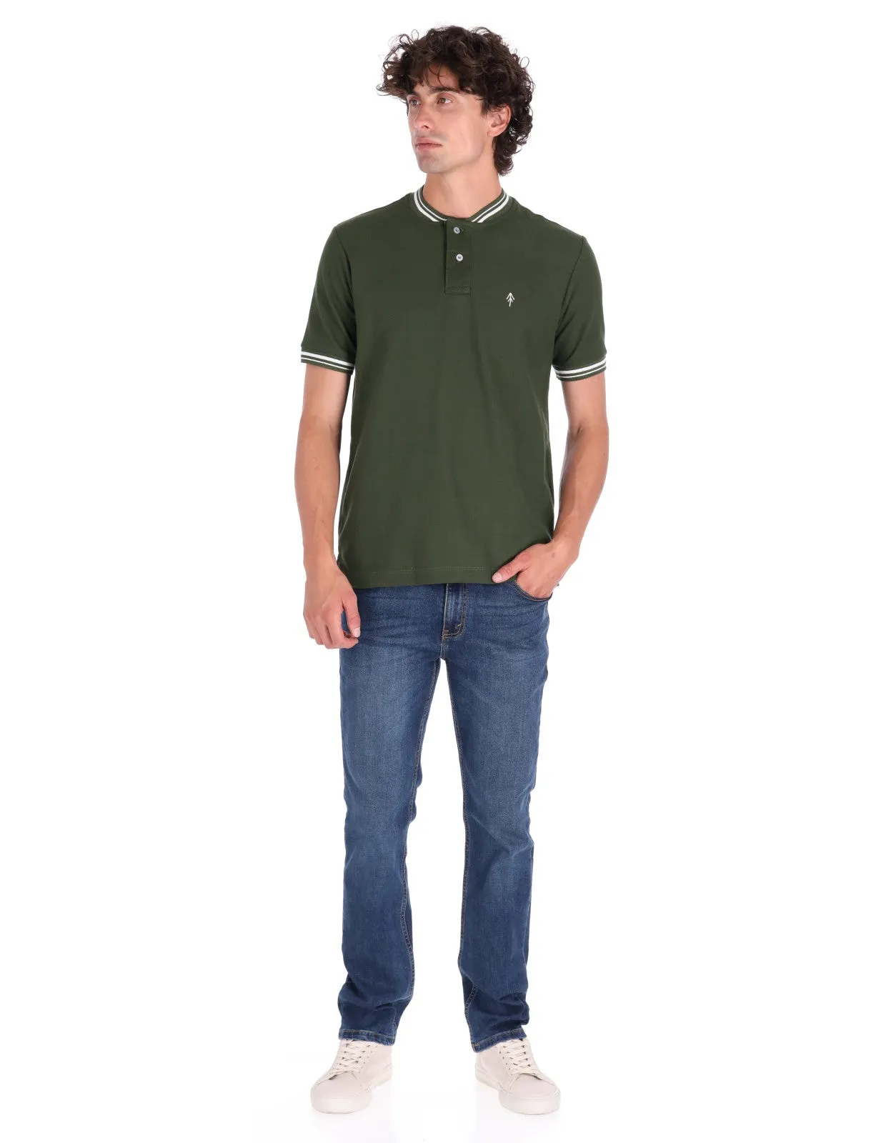 Playera Cuello Bomber Regular Fit Para Hombre - Verde Militar