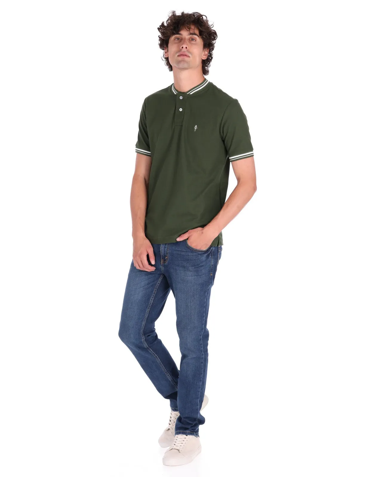 Playera Cuello Bomber Regular Fit Para Hombre - Verde Militar