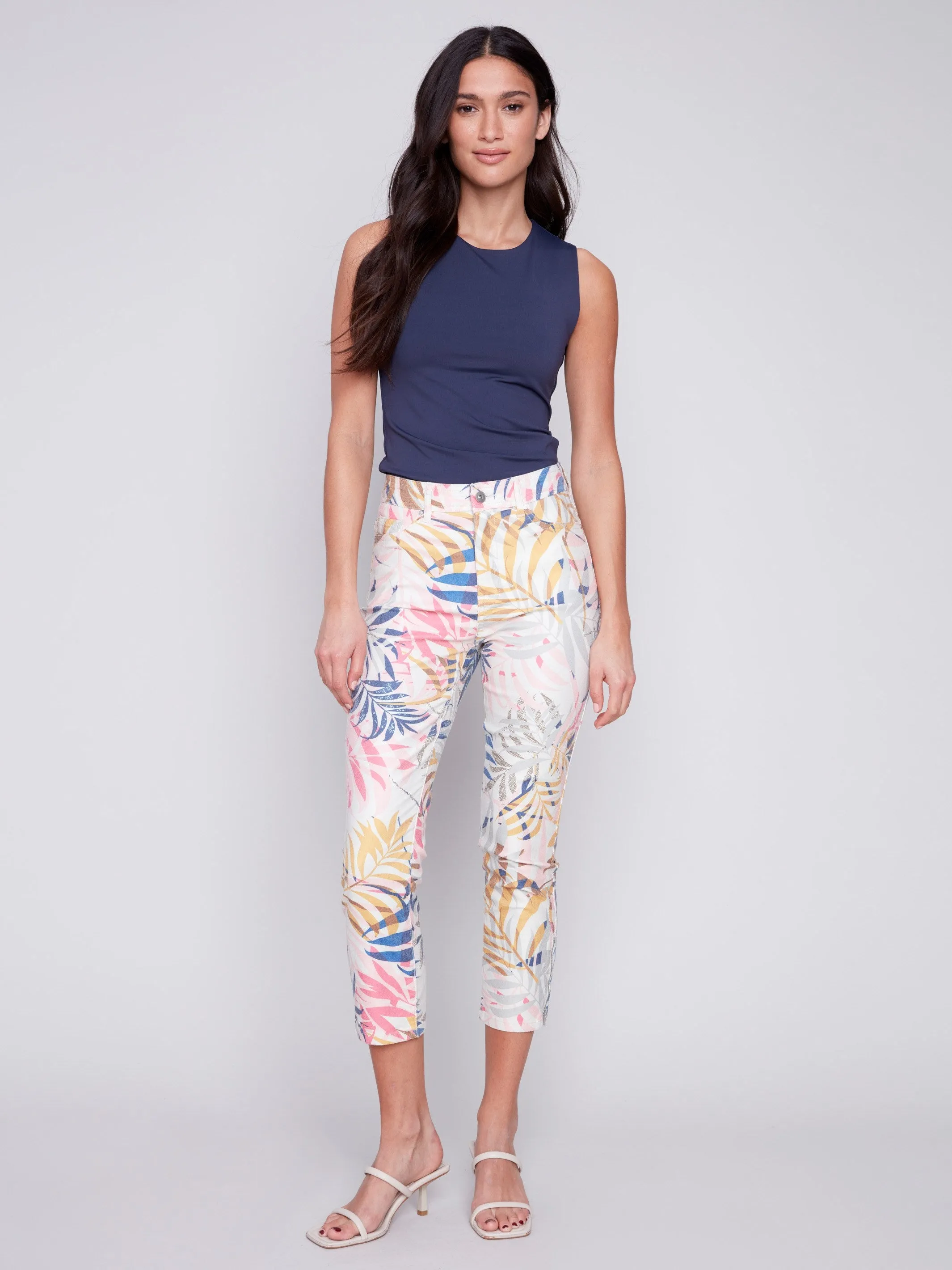 Printed Cropped Twill Pants with Zipper Detail - Leaf