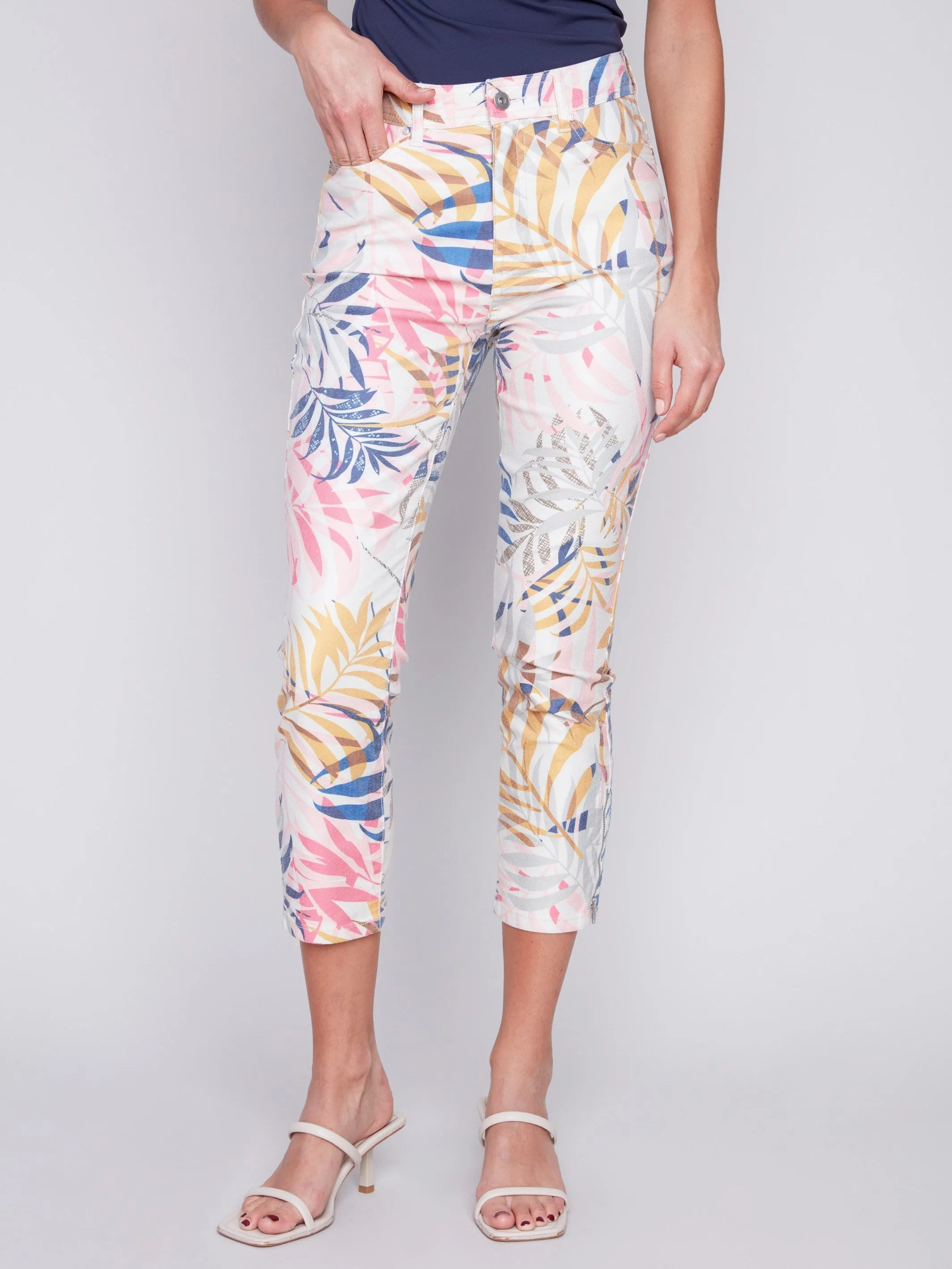 Printed Cropped Twill Pants with Zipper Detail - Leaf