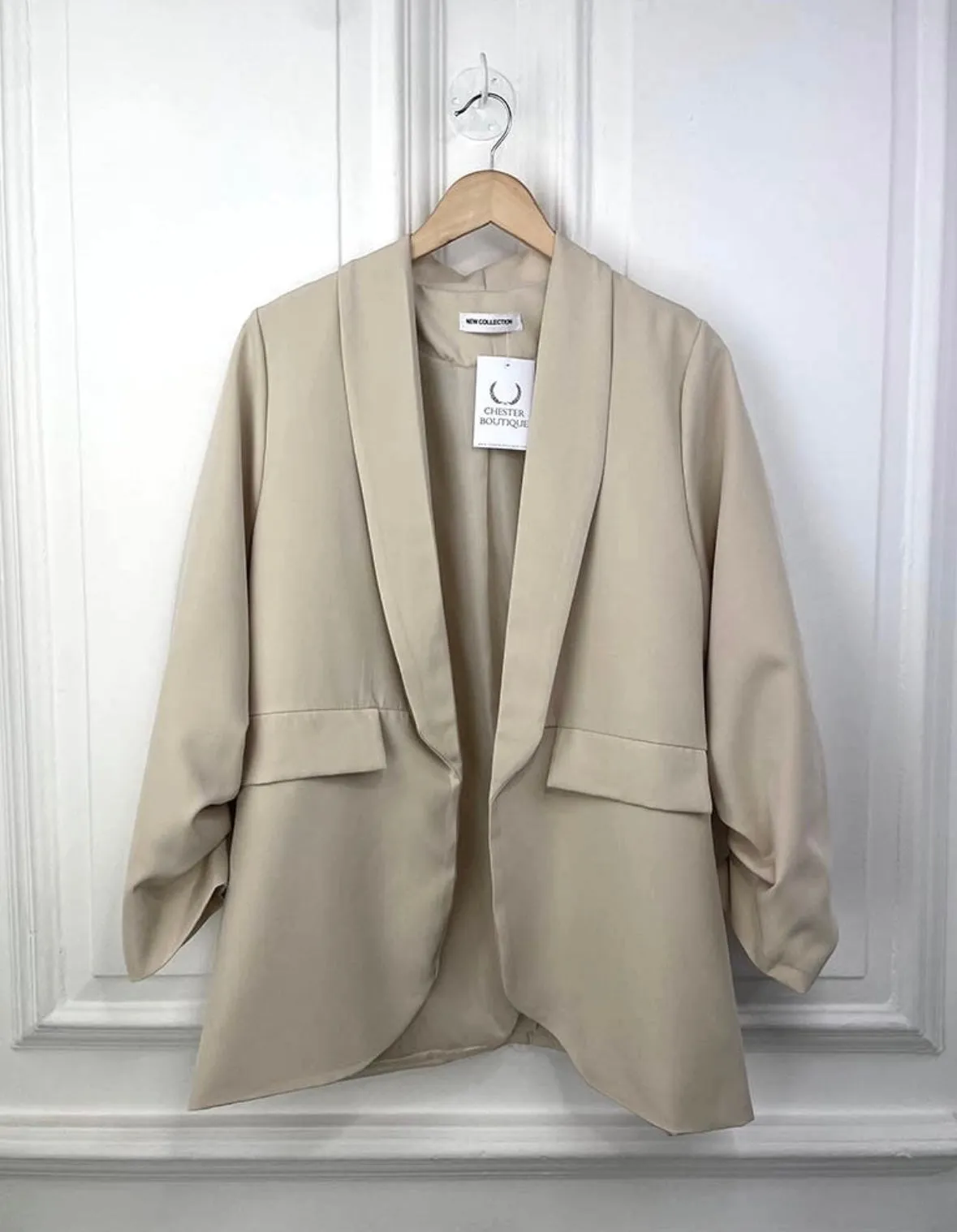 Ruched Sleeve Lined Boyfriend Blazer - Stone