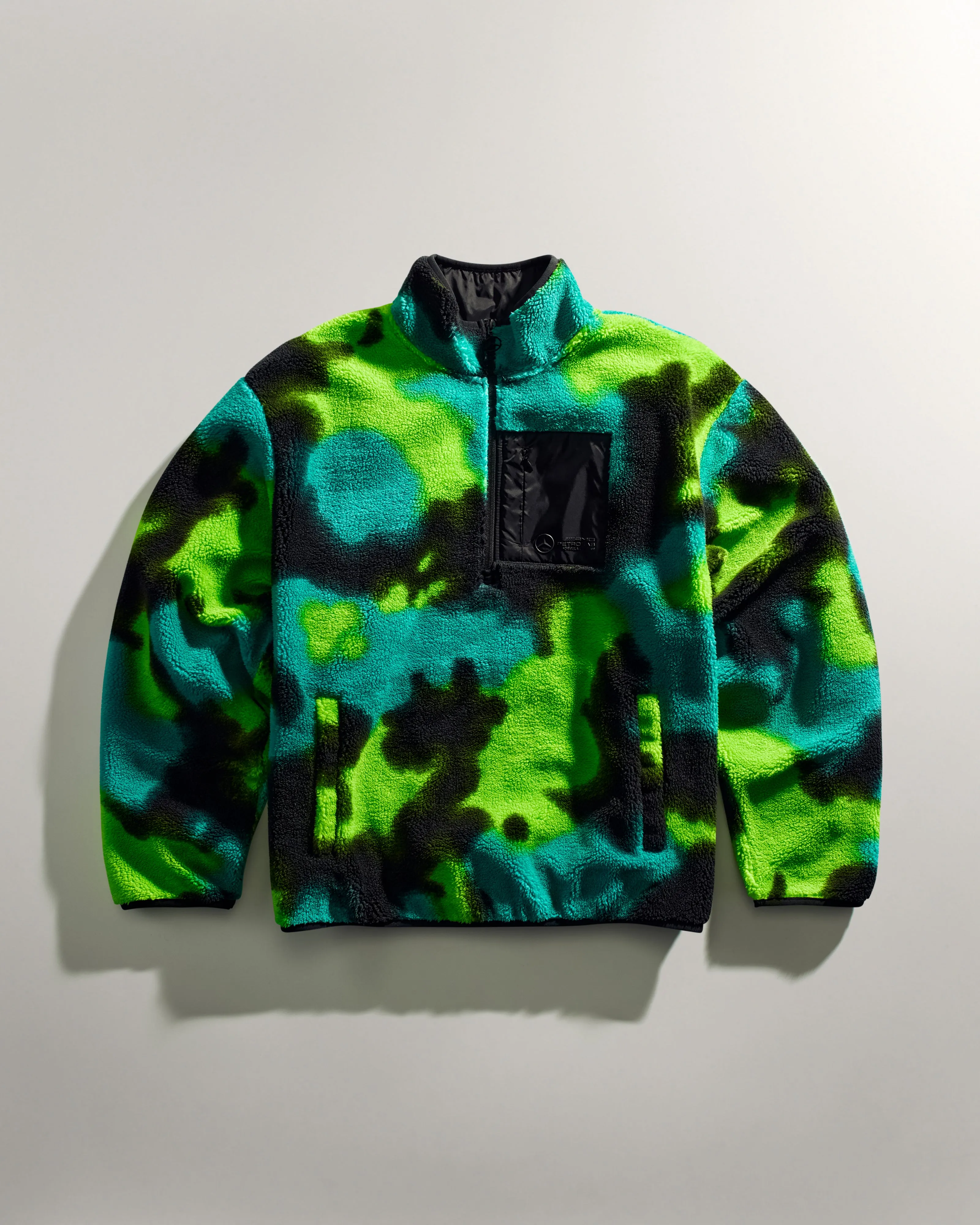 Multicolor Spray Camo Sherpa Quarter-Zip Sweater