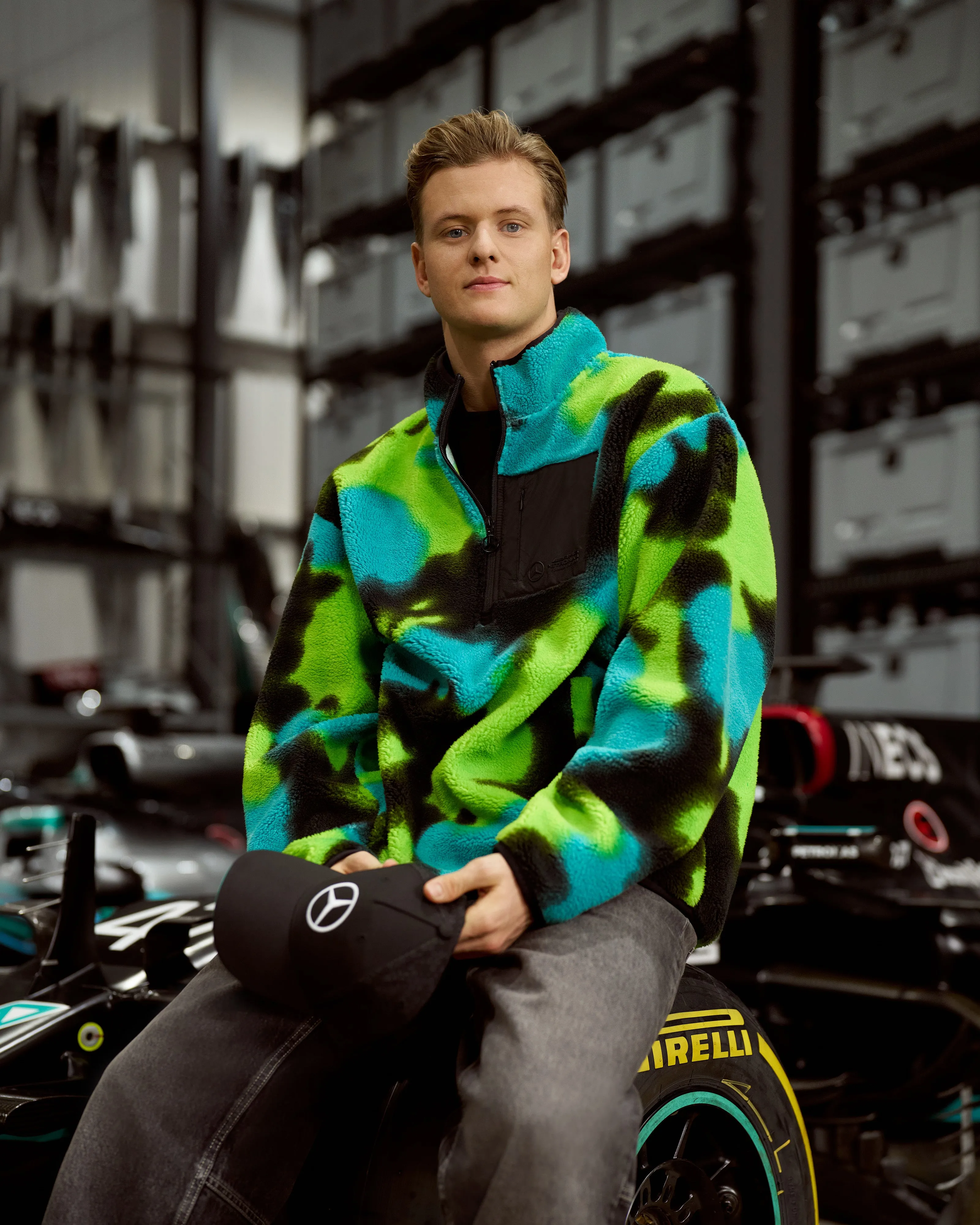 Multicolor Spray Camo Sherpa Quarter-Zip Sweater