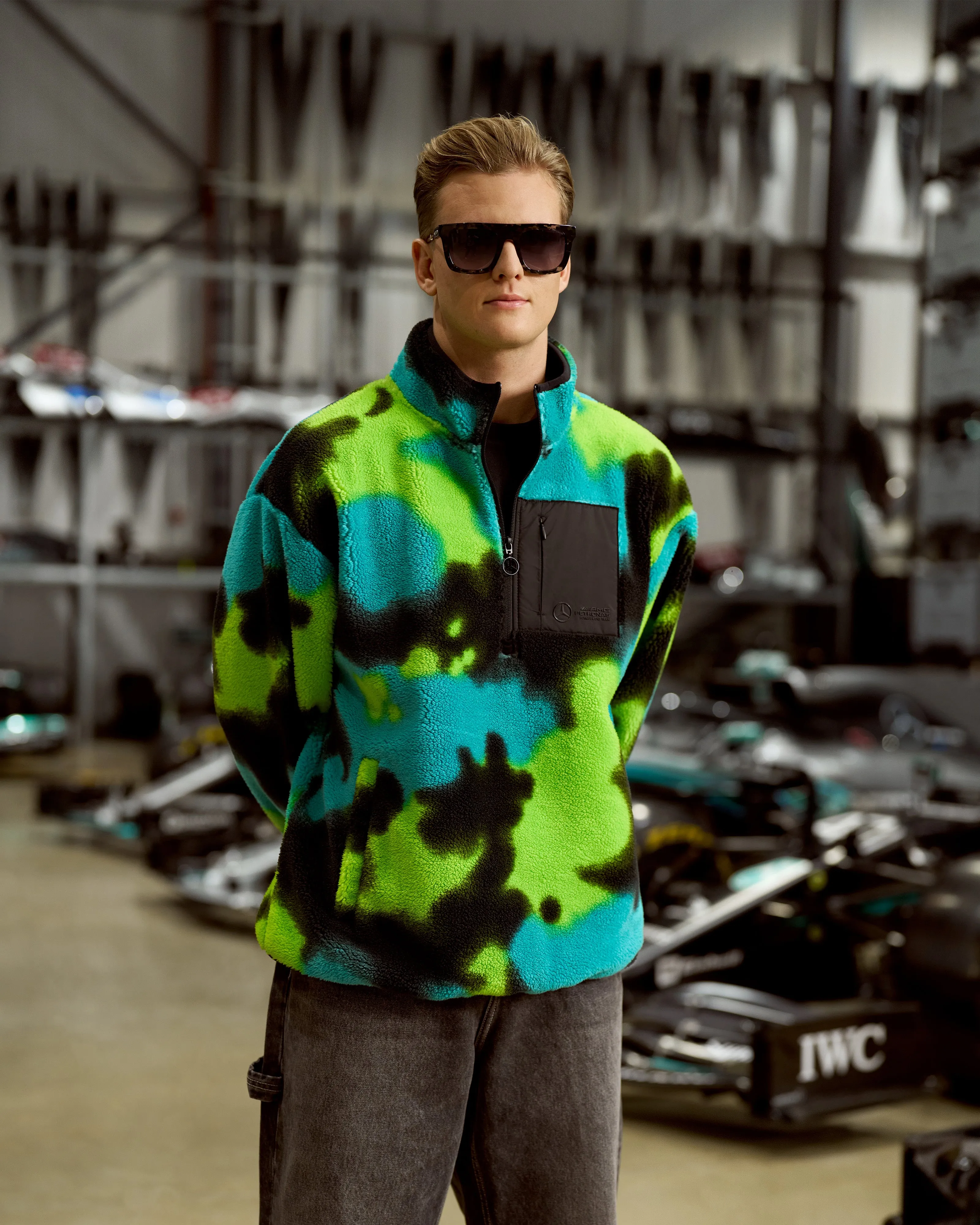 Multicolor Spray Camo Sherpa Quarter-Zip Sweater