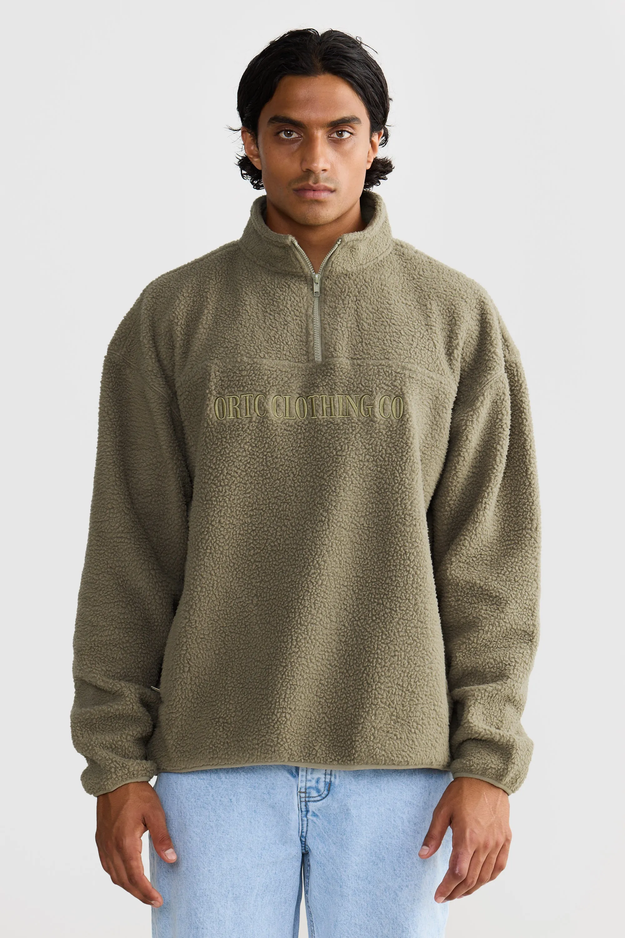 Unisex Sherpa Fleece Logo Quarter Zip Moss