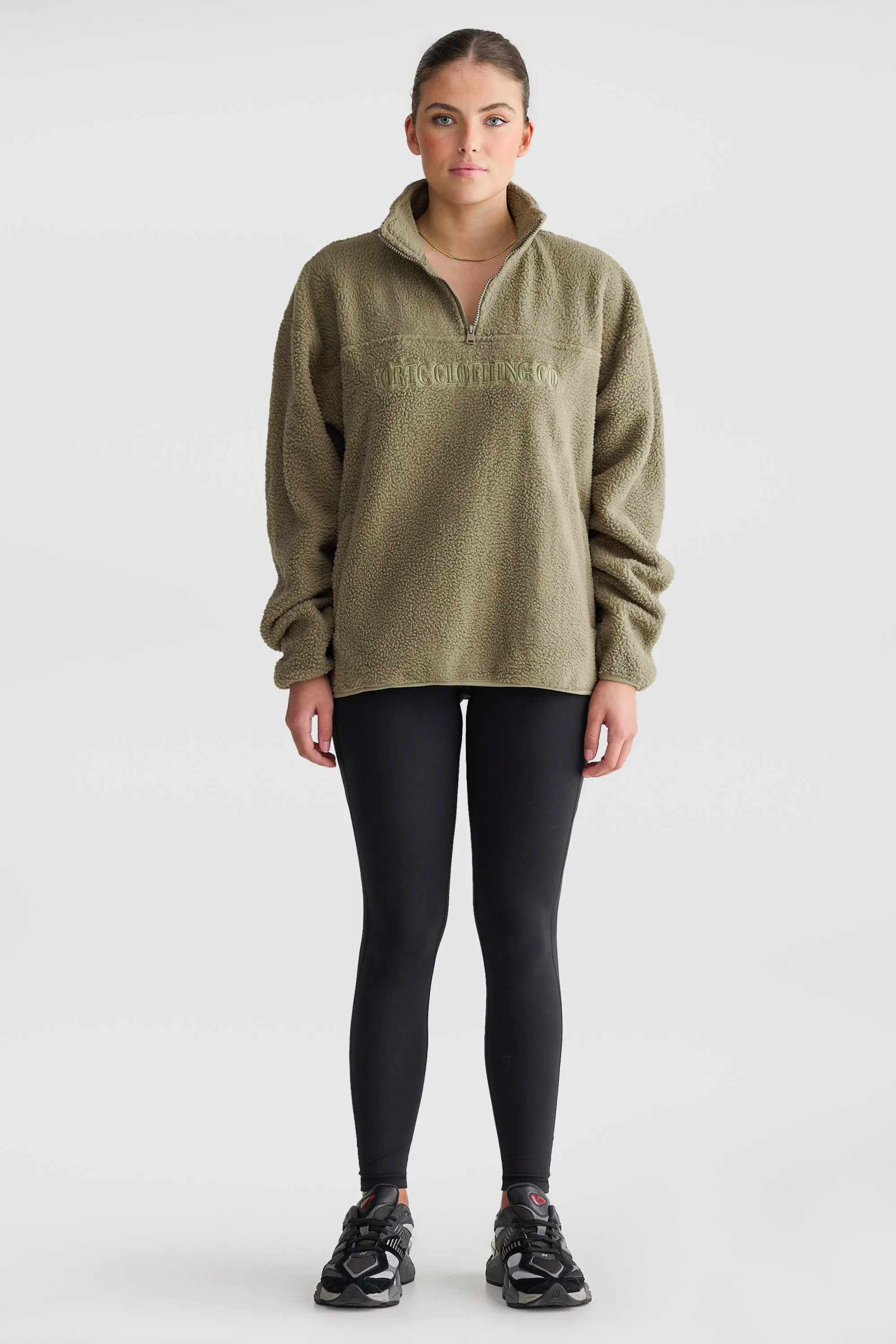 Unisex Sherpa Fleece Logo Quarter Zip Moss