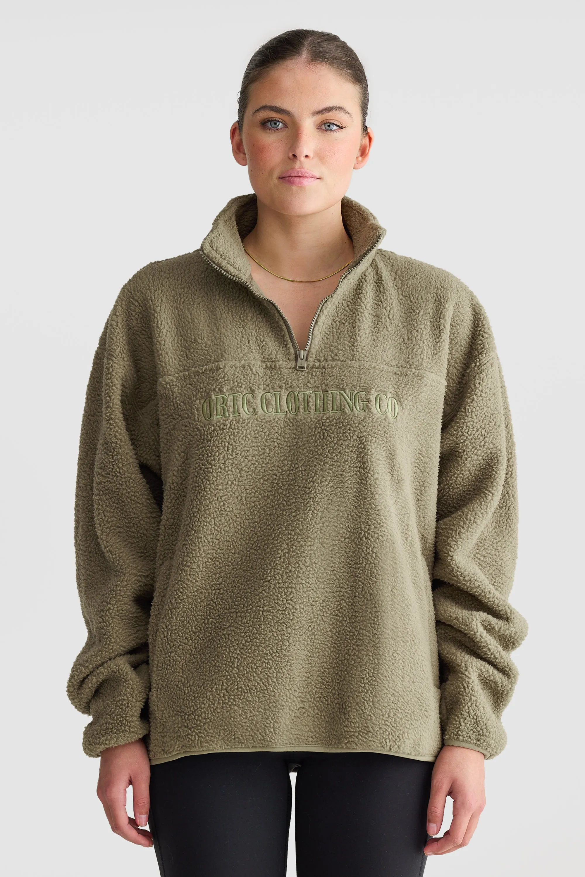 Unisex Sherpa Fleece Logo Quarter Zip Moss