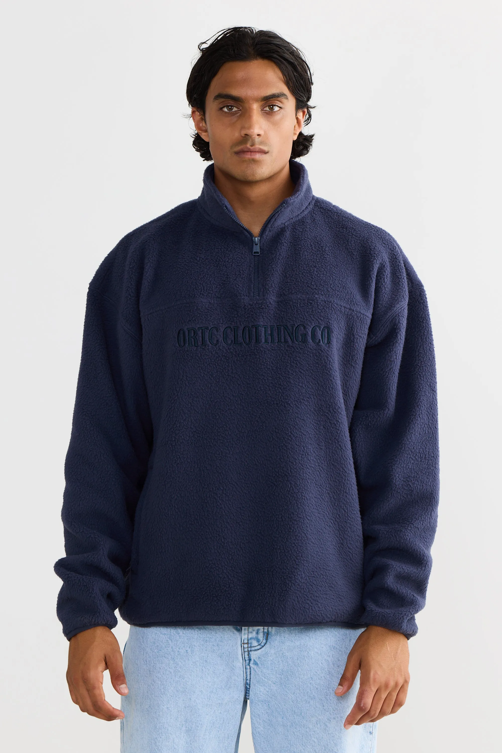 Unisex Sherpa Fleece Logo Quarter Zip Navy